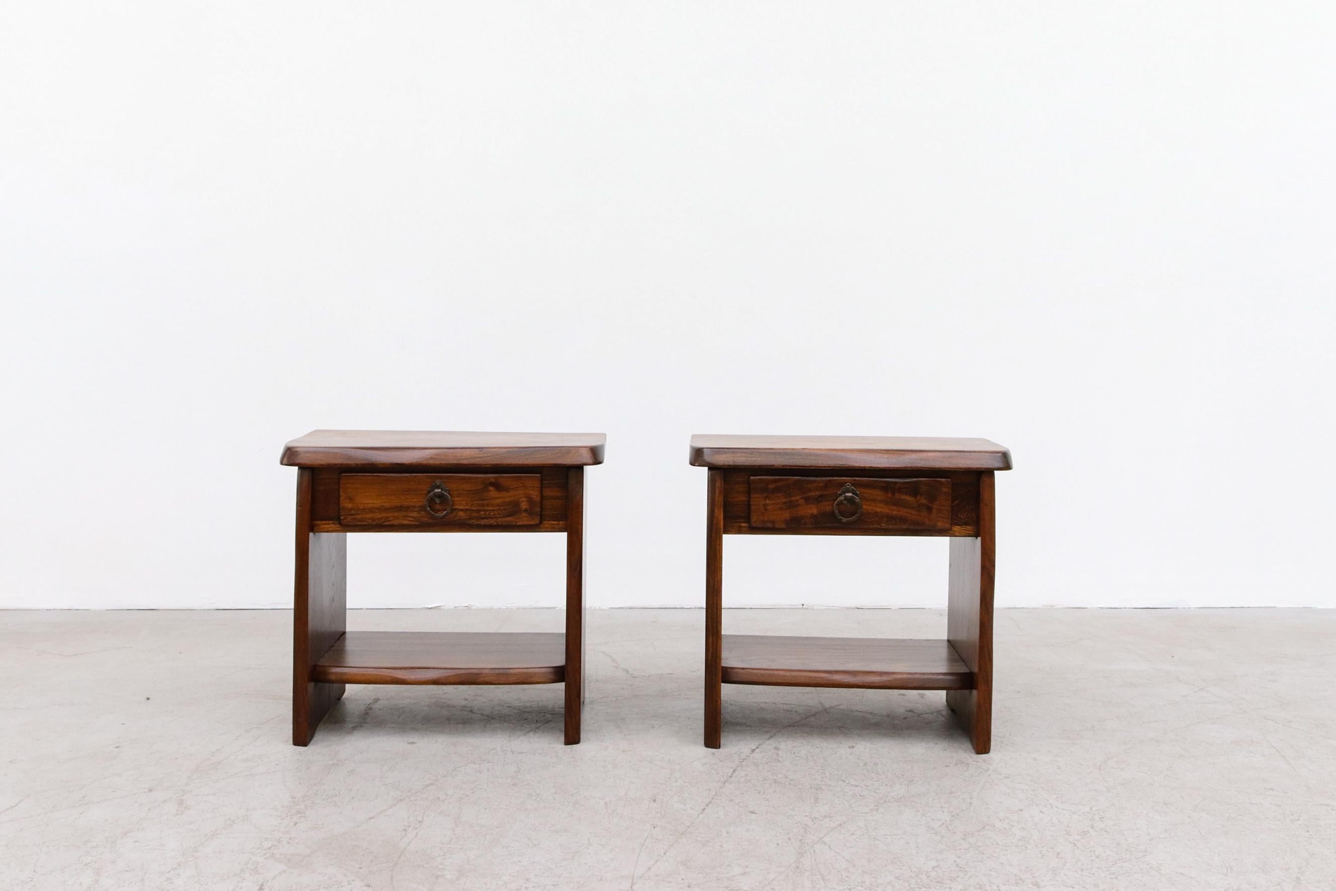 Mid-Century Modern Pair of Brutalist Carved Oak Night Stands