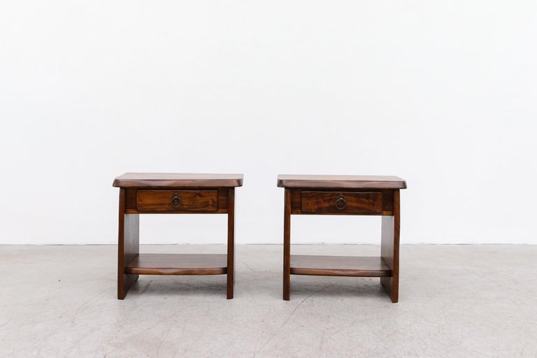 Mid-Century Modern Pair of Brutalist Carved Oak Night Stands For Sale