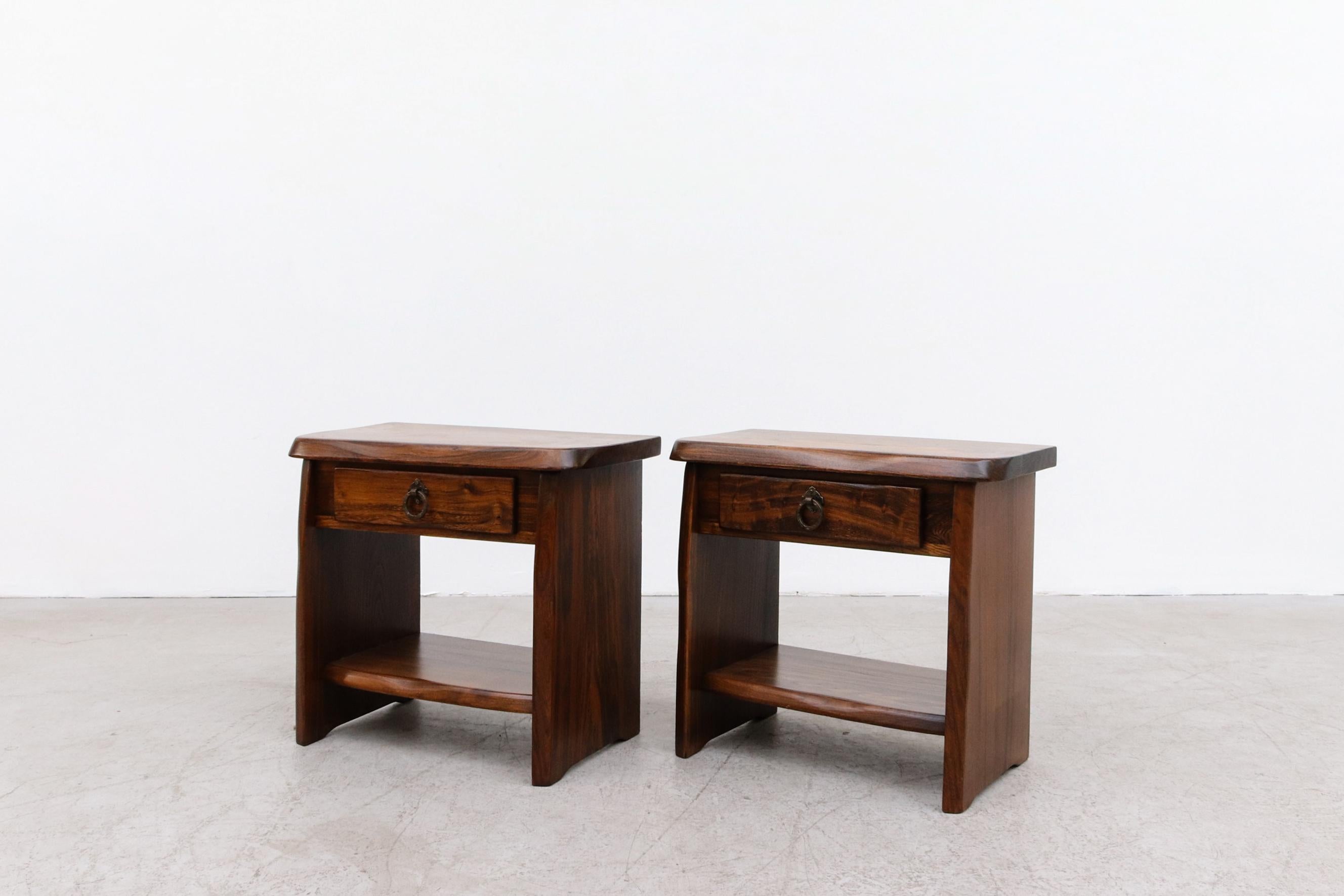 Dutch Pair of Brutalist Carved Oak Night Stands