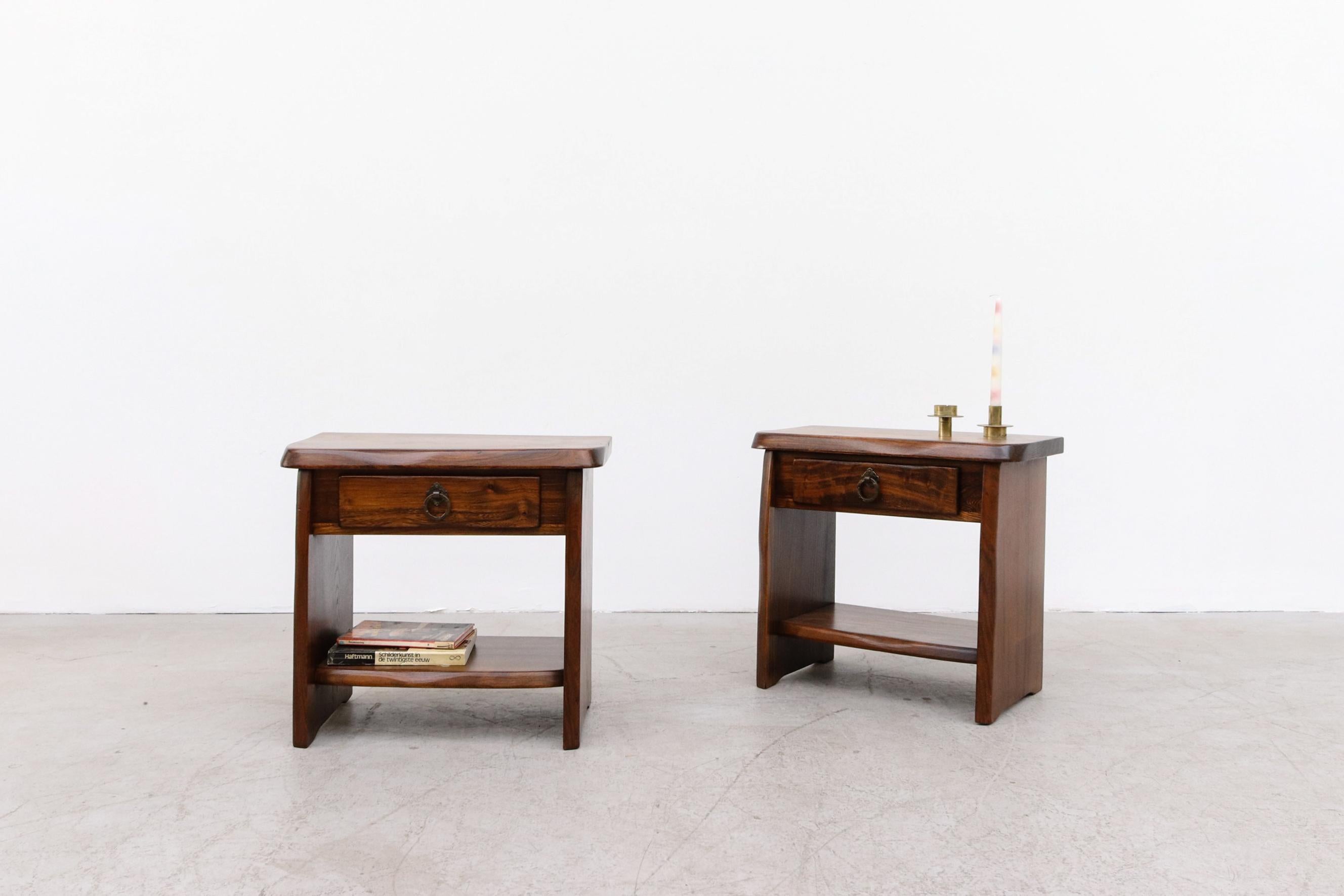 20th Century Pair of Brutalist Carved Oak Night Stands