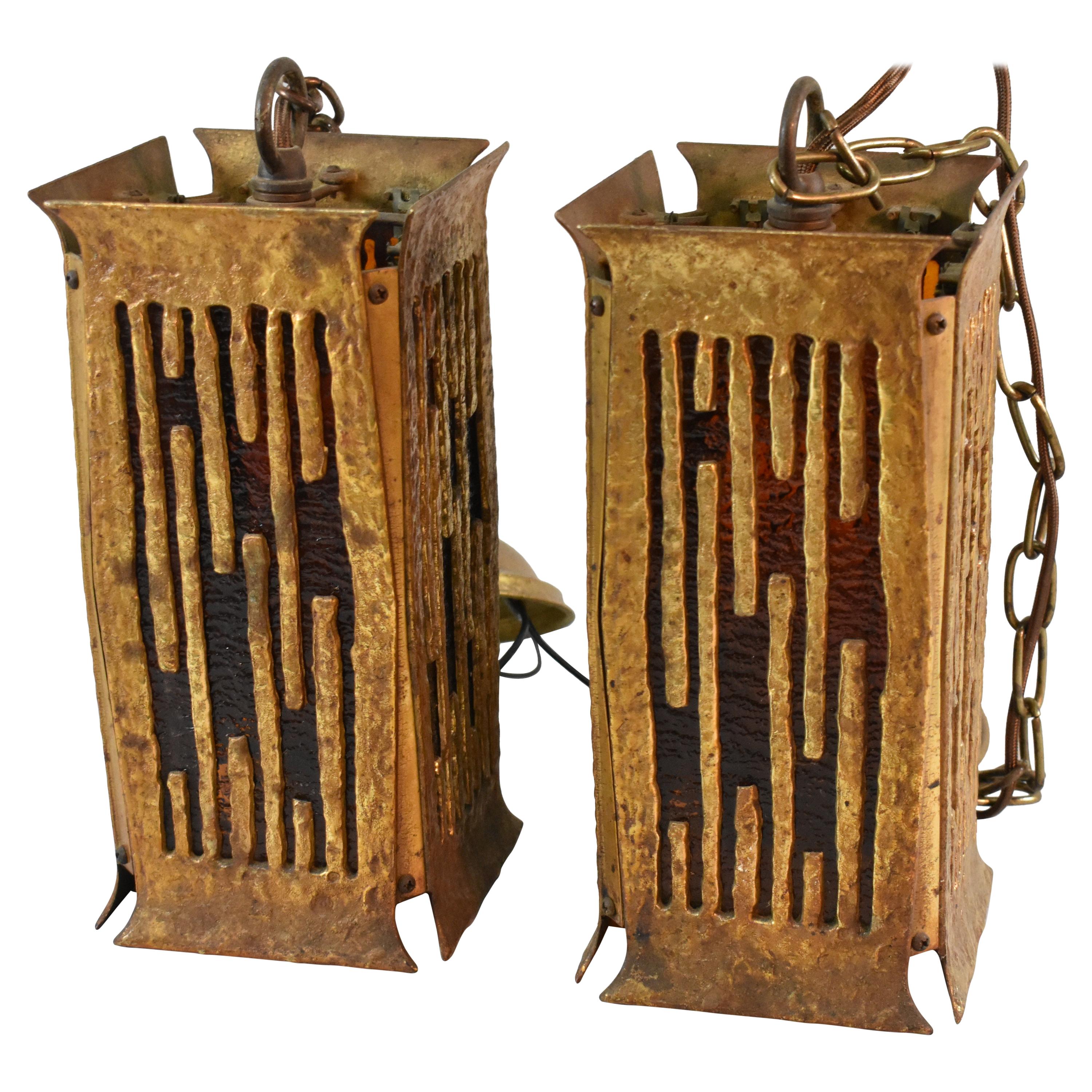 Pair of Brutalist Cast Brass Hanging Hall or Porch Lanterns