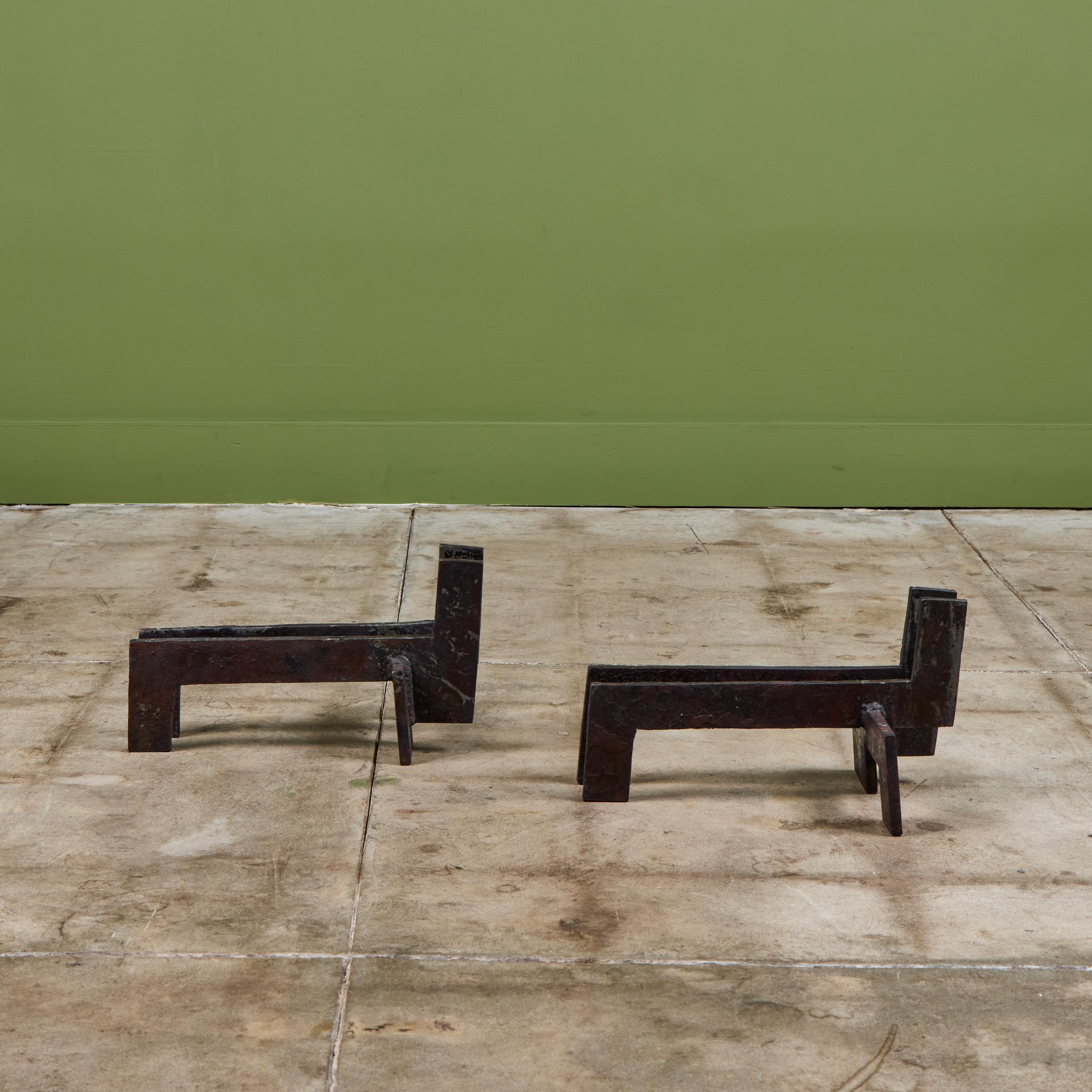 Pair of Brutalist Cast Iron Andirons For Sale 4