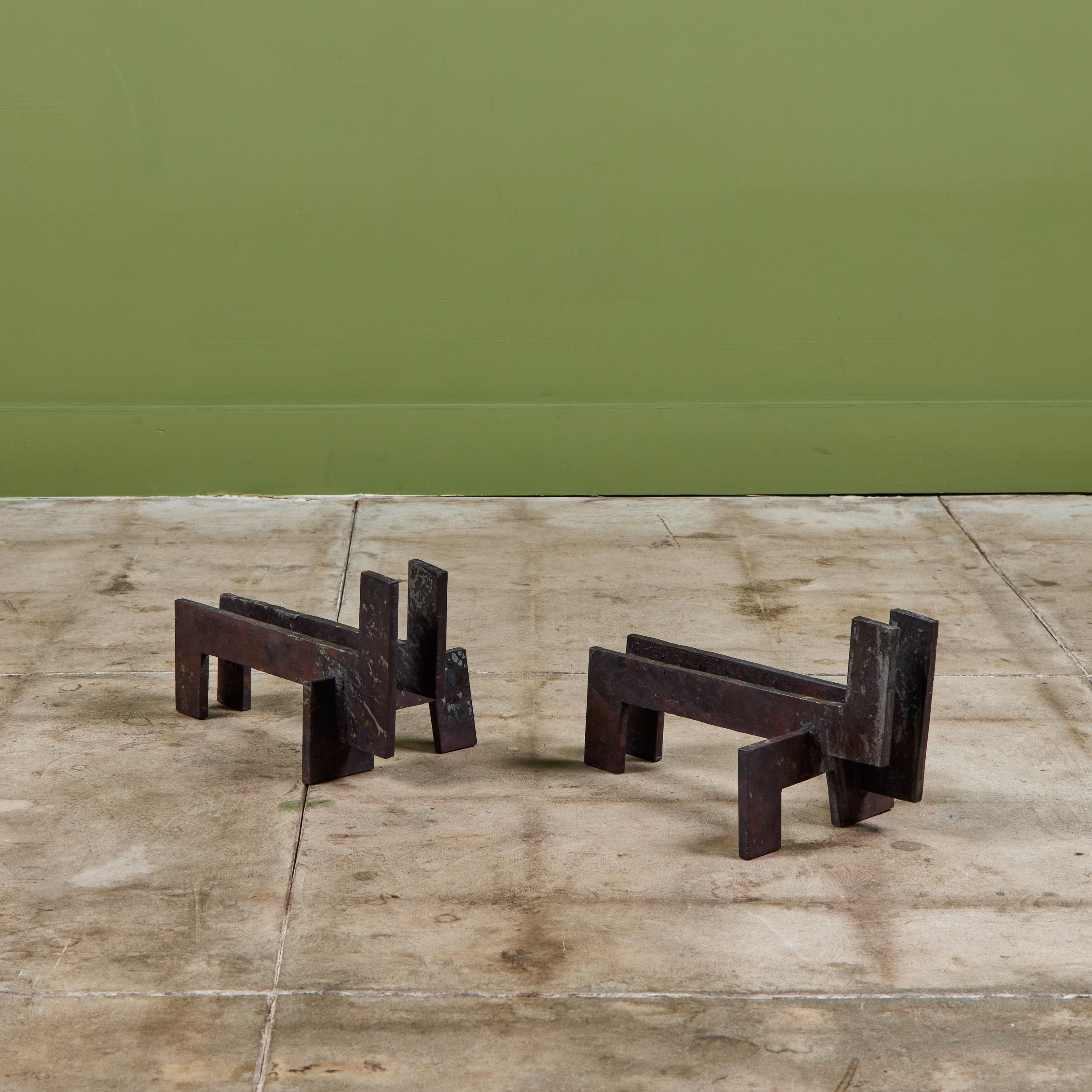 Pair of Brutalist Cast Iron Andirons For Sale 5