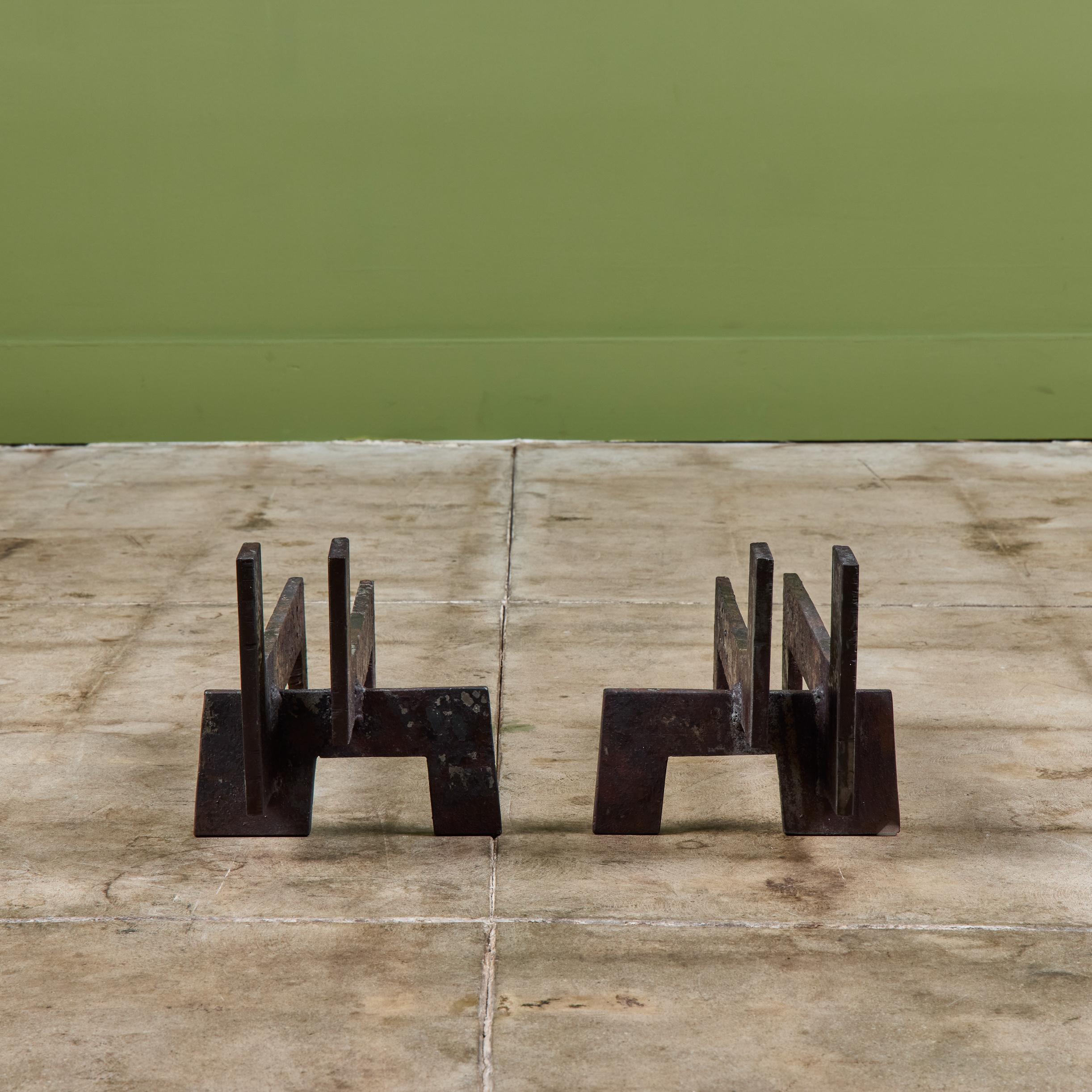 Mid-Century Modern Pair of Brutalist Cast Iron Andirons For Sale