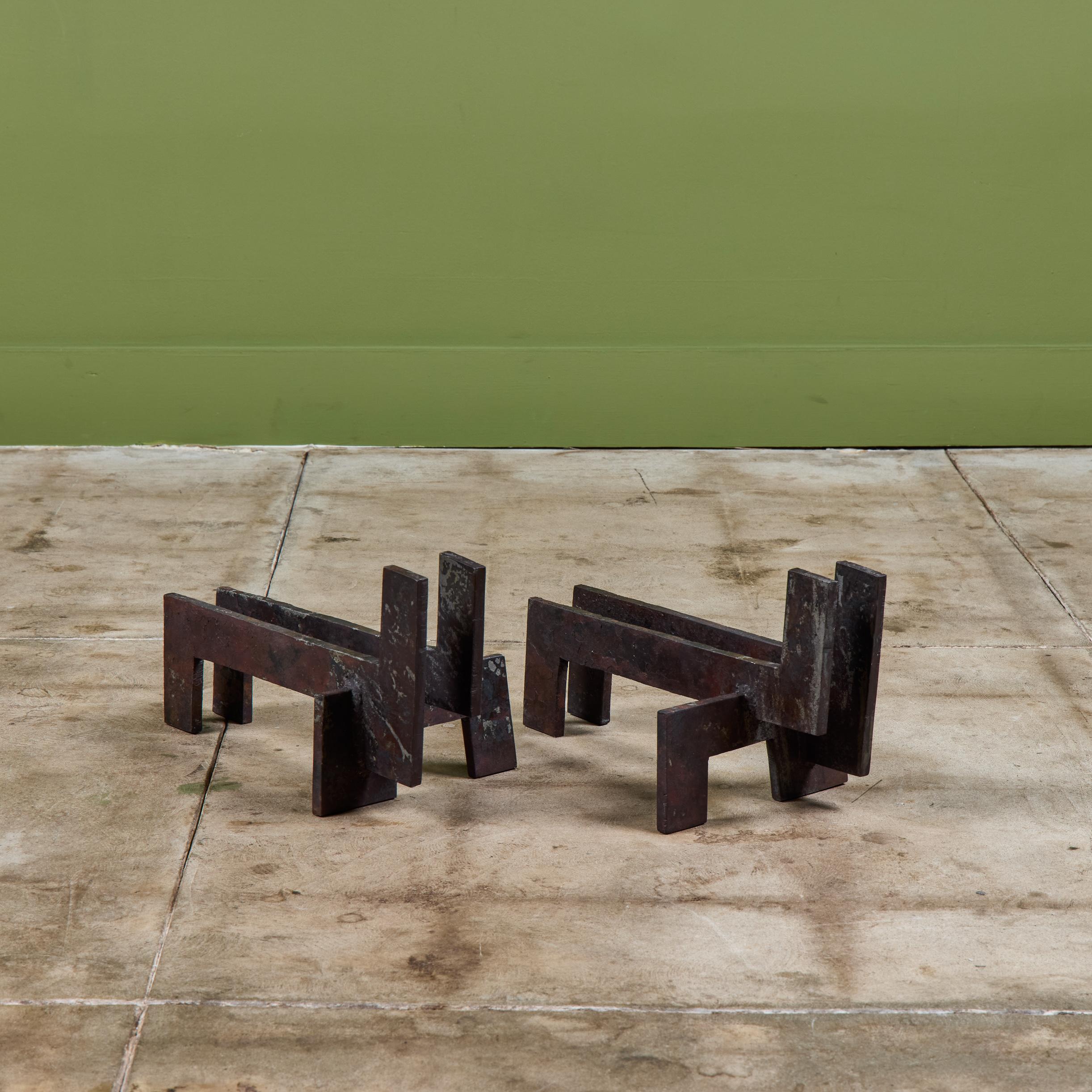 American Pair of Brutalist Cast Iron Andirons For Sale