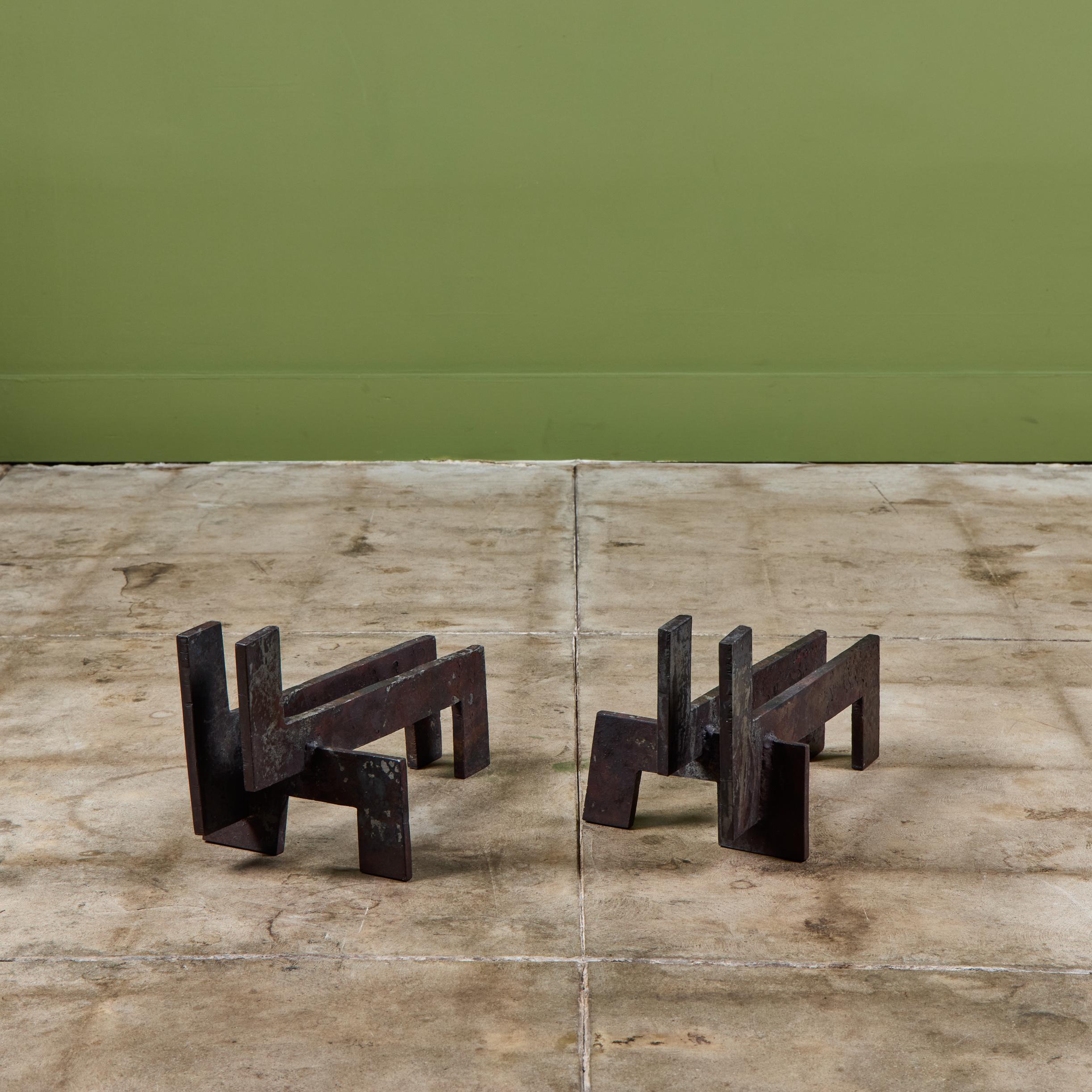 Pair of Brutalist Cast Iron Andirons In Good Condition For Sale In Los Angeles, CA