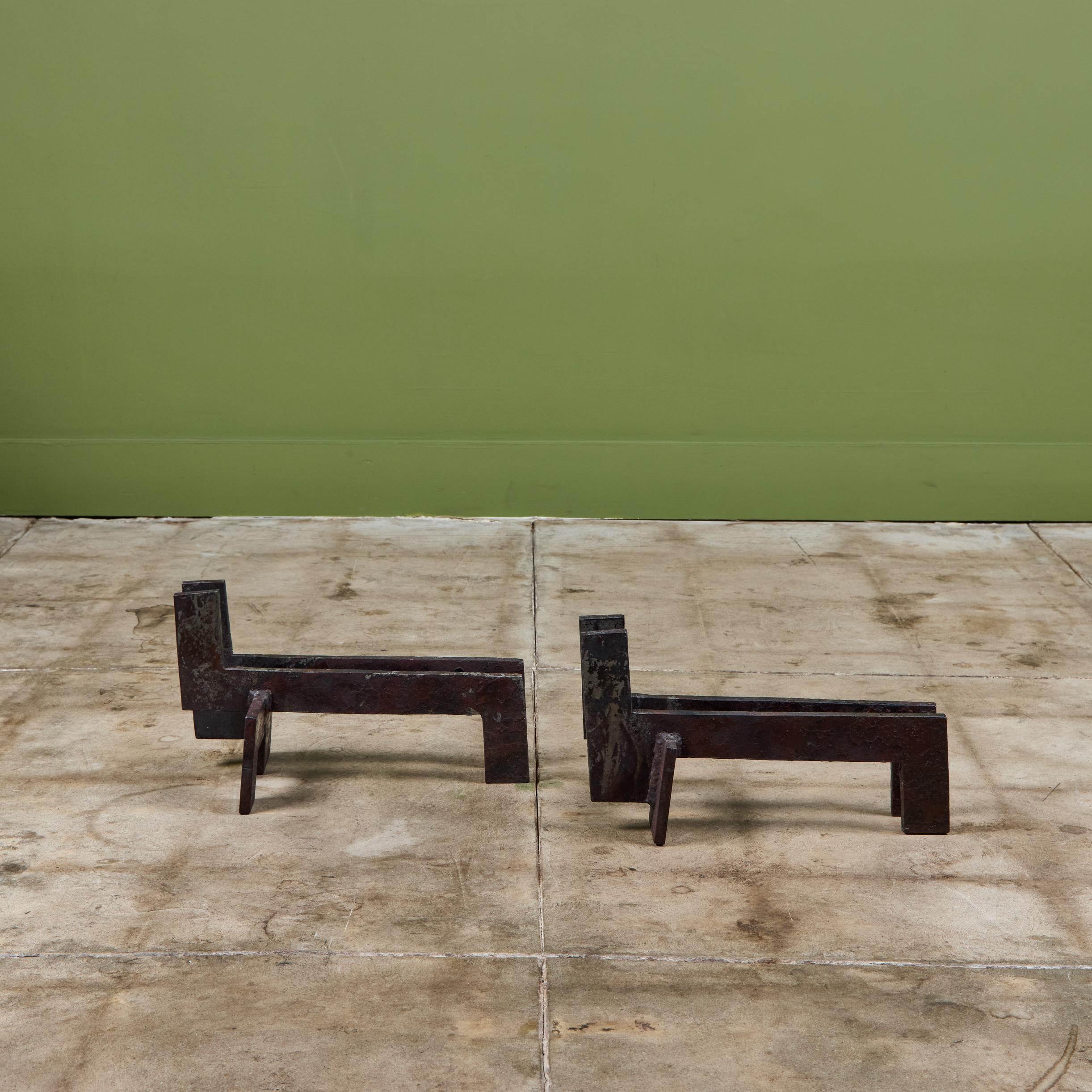 20th Century Pair of Brutalist Cast Iron Andirons For Sale