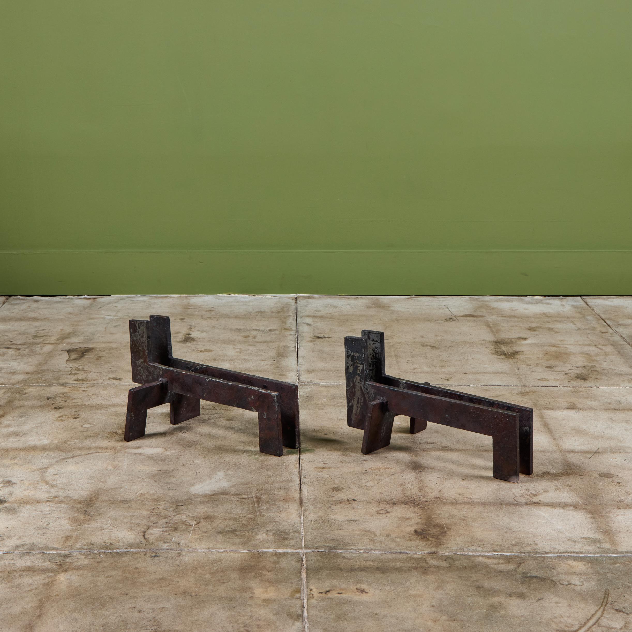 Pair of Brutalist Cast Iron Andirons For Sale 1