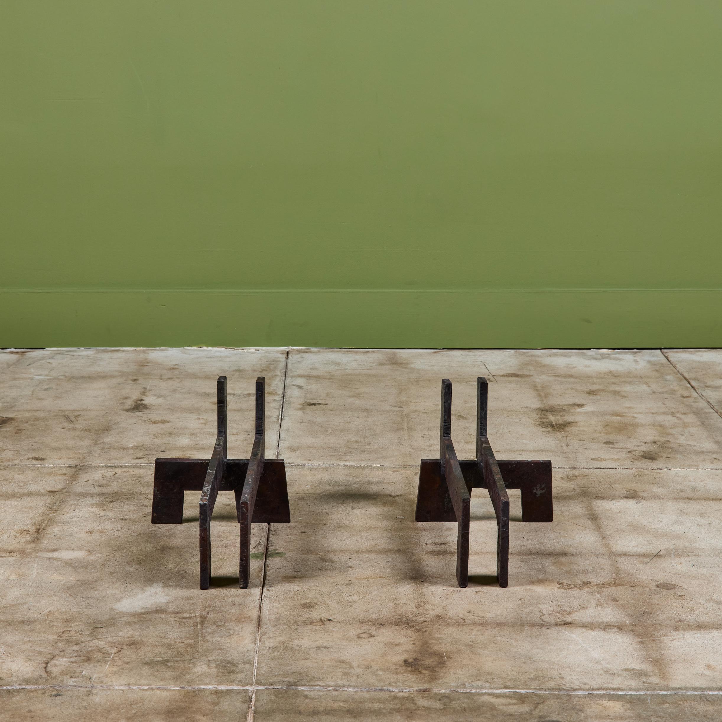 Pair of Brutalist Cast Iron Andirons For Sale 2
