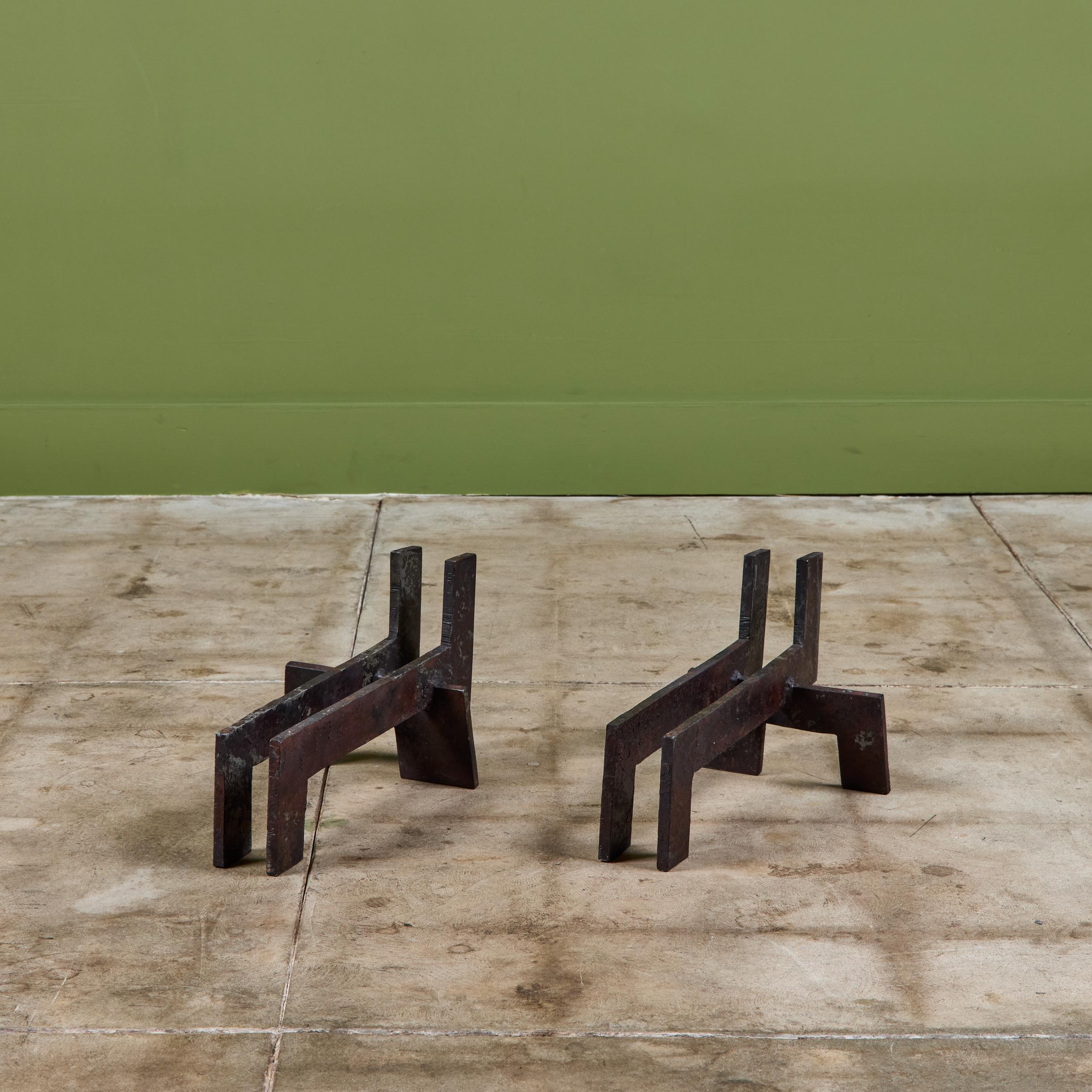 Pair of Brutalist Cast Iron Andirons For Sale 3