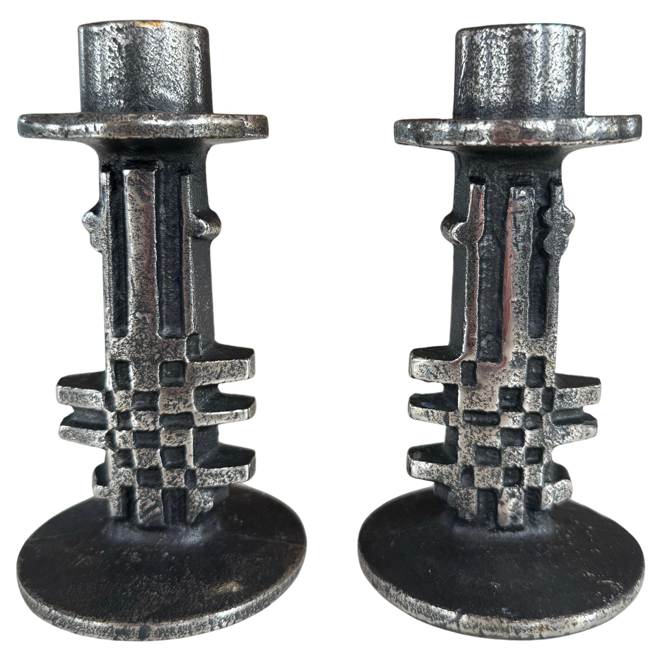 Pre-owned Olav Joa Pair Of Brutalist Cast Stainless Steel Candleholders By , Norway 1970s In Black