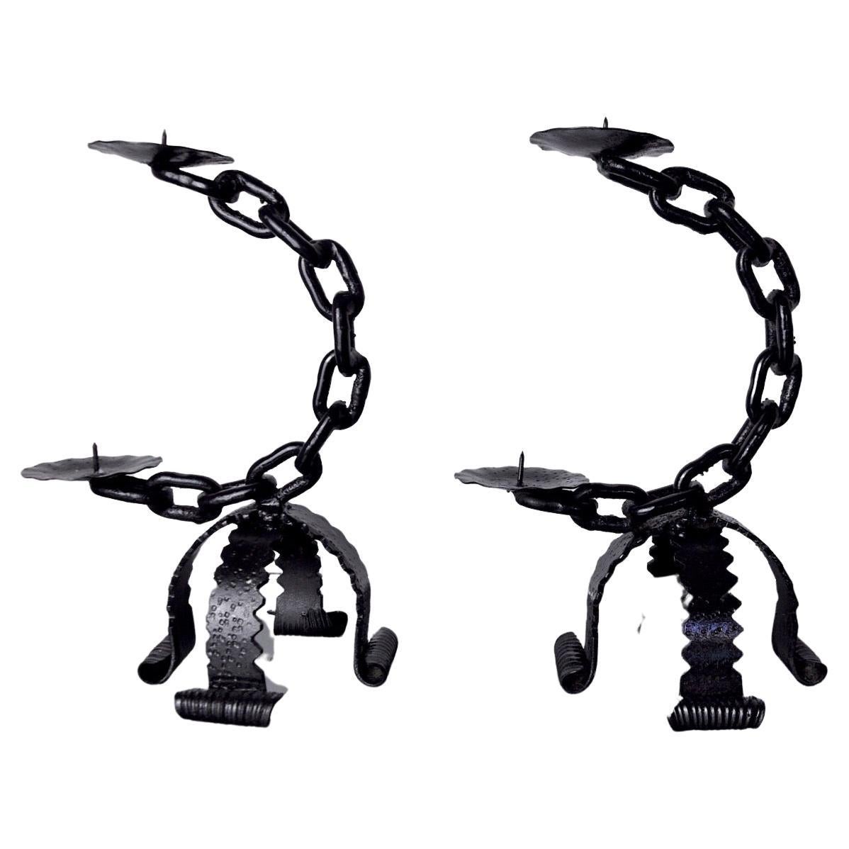 Pair of Brutalist "Chains" Candlesticks, Italy, 1960 For Sale