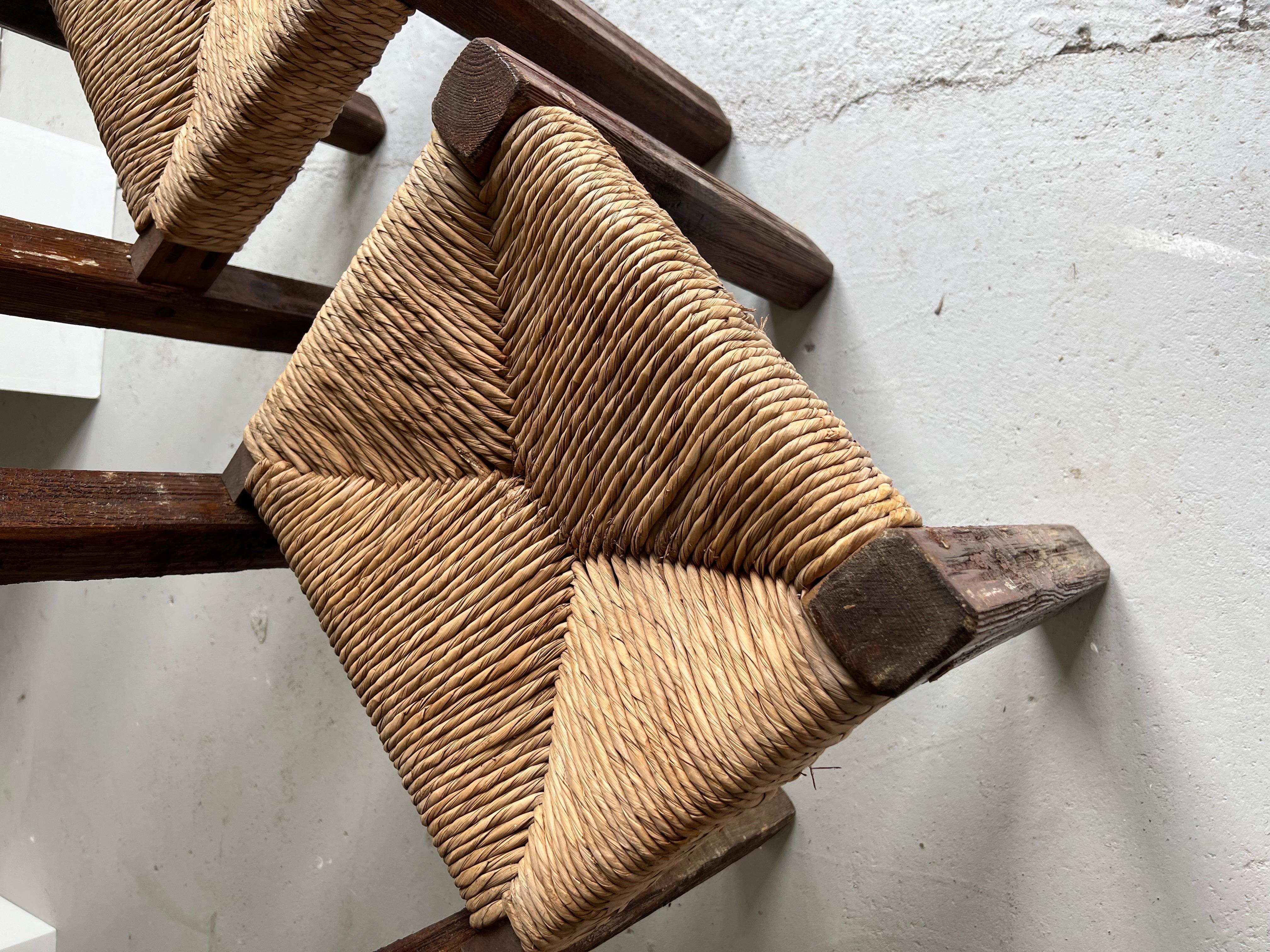 Pair of Brutalist Chairs in Wood and Straw, France Auvergne, 1950s For Sale 3