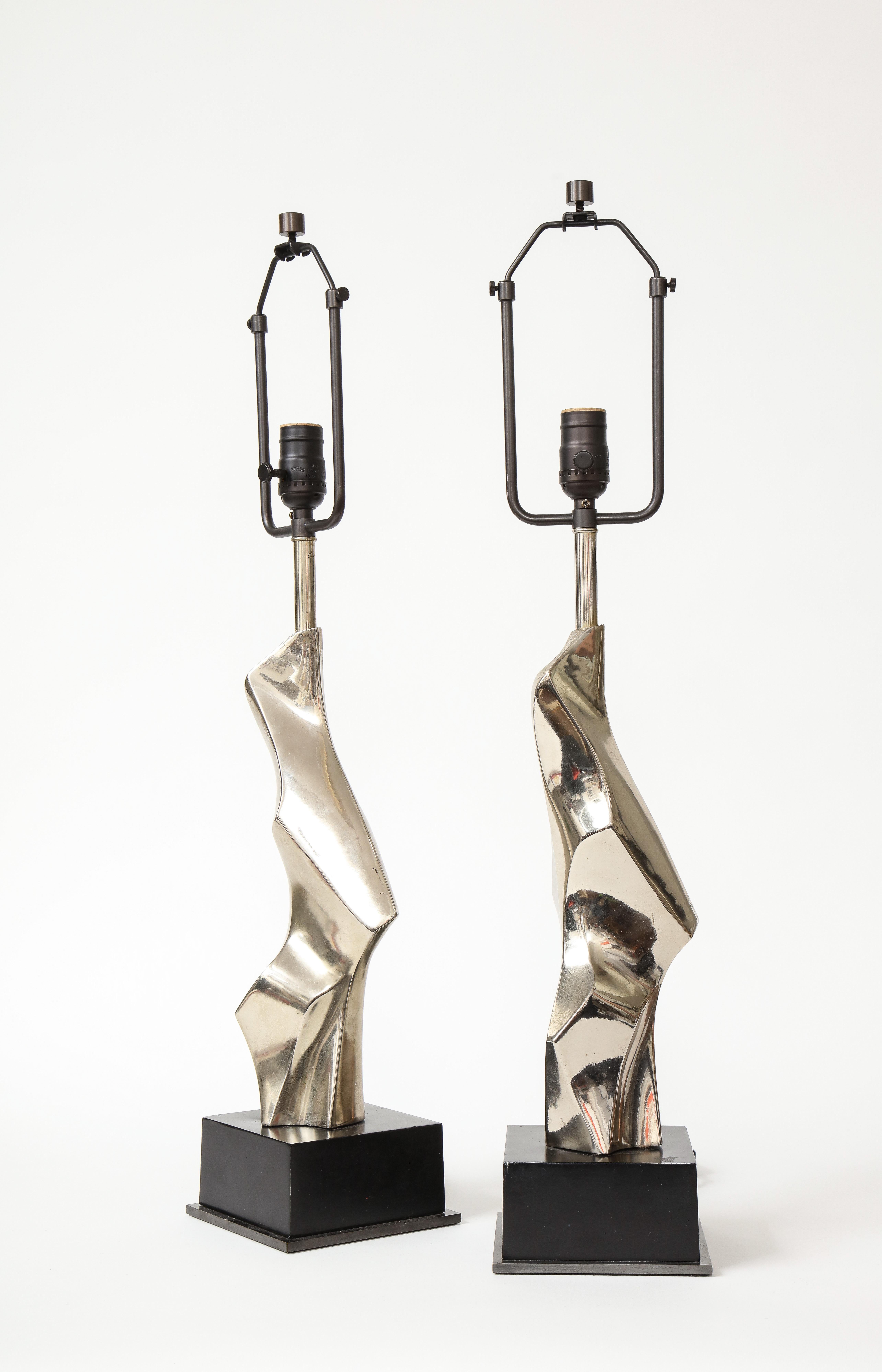 Pair of Brutalist Chrome Table Lamps by Richard Barr for Laurel, c. 1960s 1