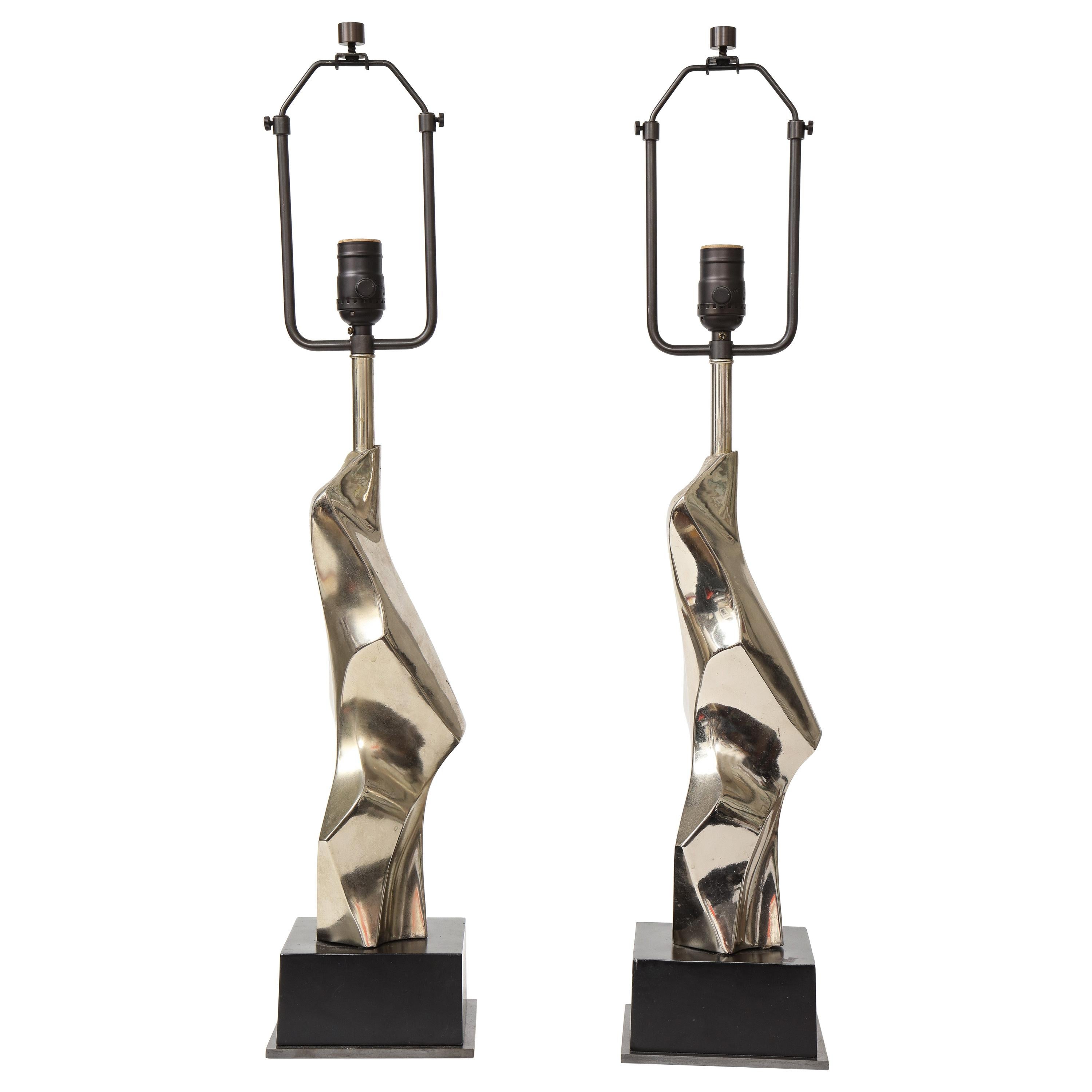 Pair of Brutalist Chrome Table Lamps by Richard Barr for Laurel, c. 1960s