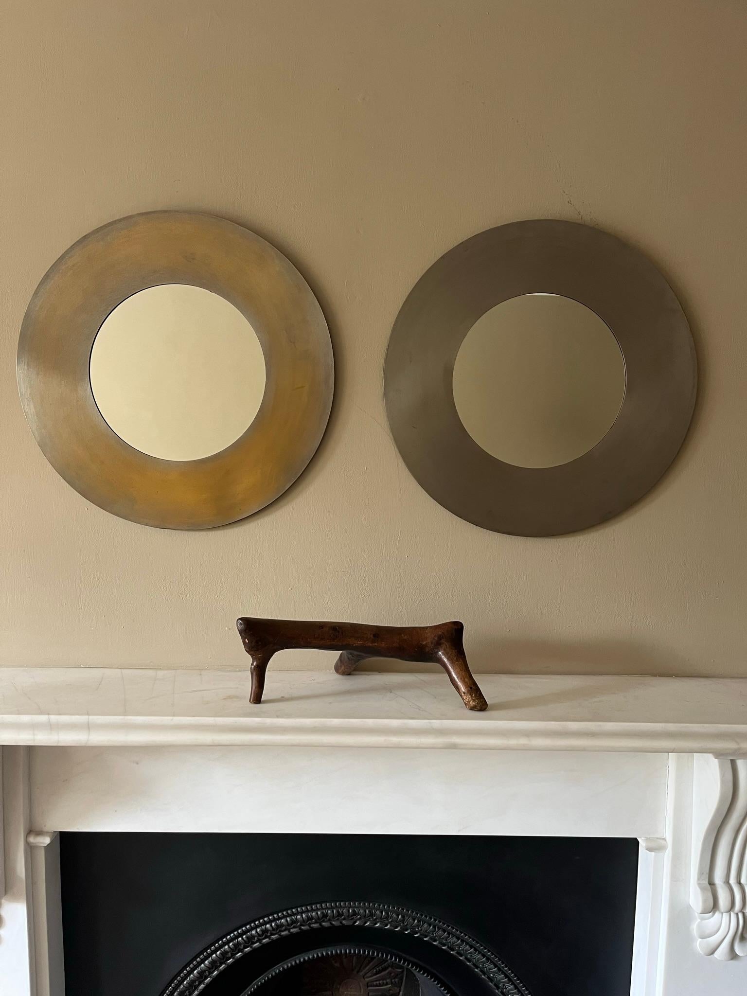 Mid-Century Modern Pair of brutalist circular nickel on brass mirrors c.1970’s For Sale