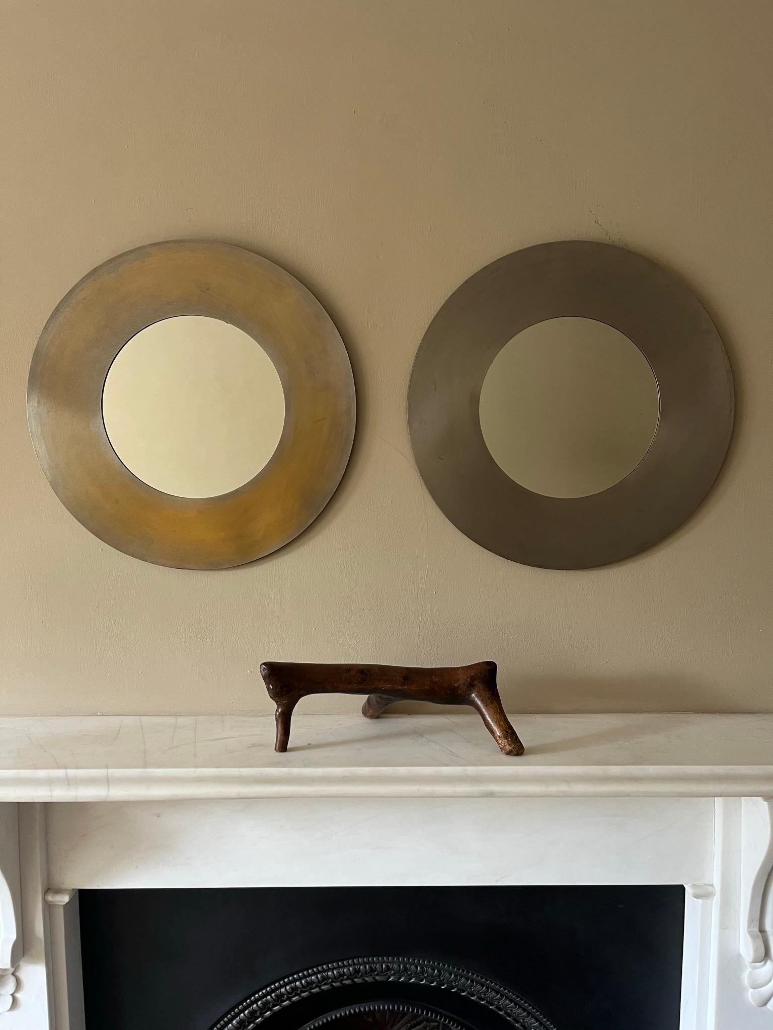 French Pair of brutalist circular nickel on brass mirrors c.1970’s For Sale