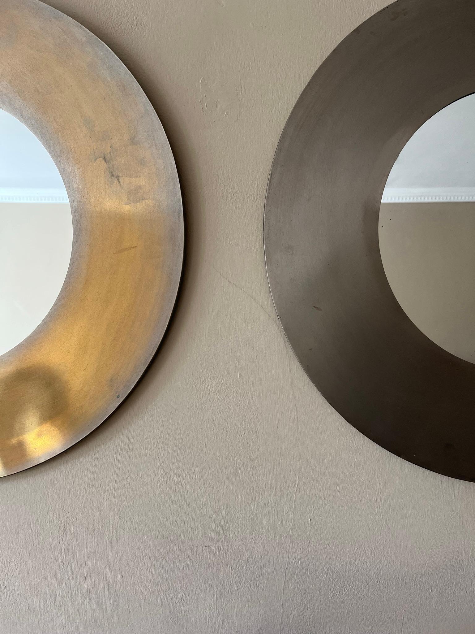 Plated Pair of brutalist circular nickel on brass mirrors c.1970’s For Sale