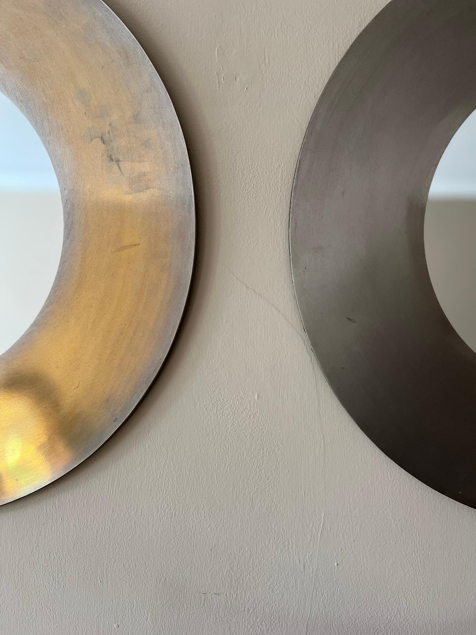 Pair of brutalist circular nickel on brass mirrors c.1970’s In Fair Condition For Sale In London, GB