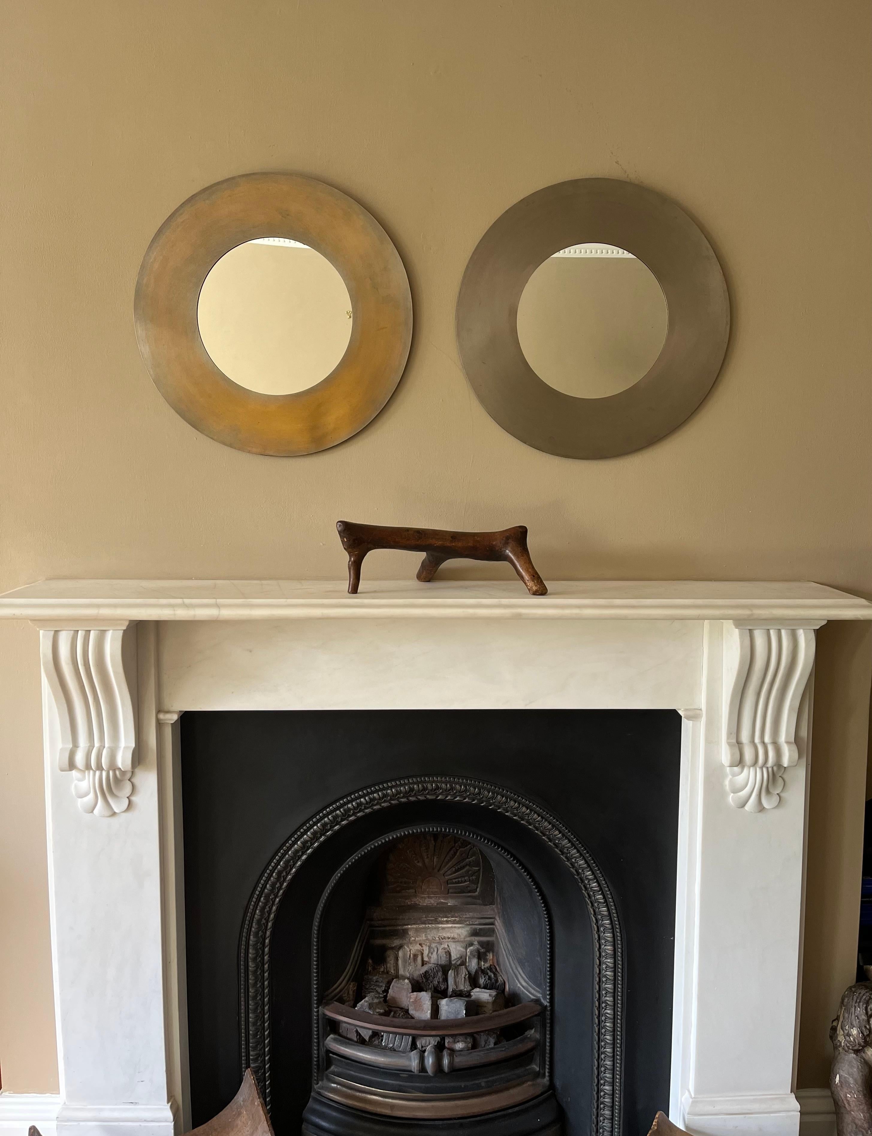Brass Pair of brutalist circular nickel on brass mirrors c.1970’s For Sale
