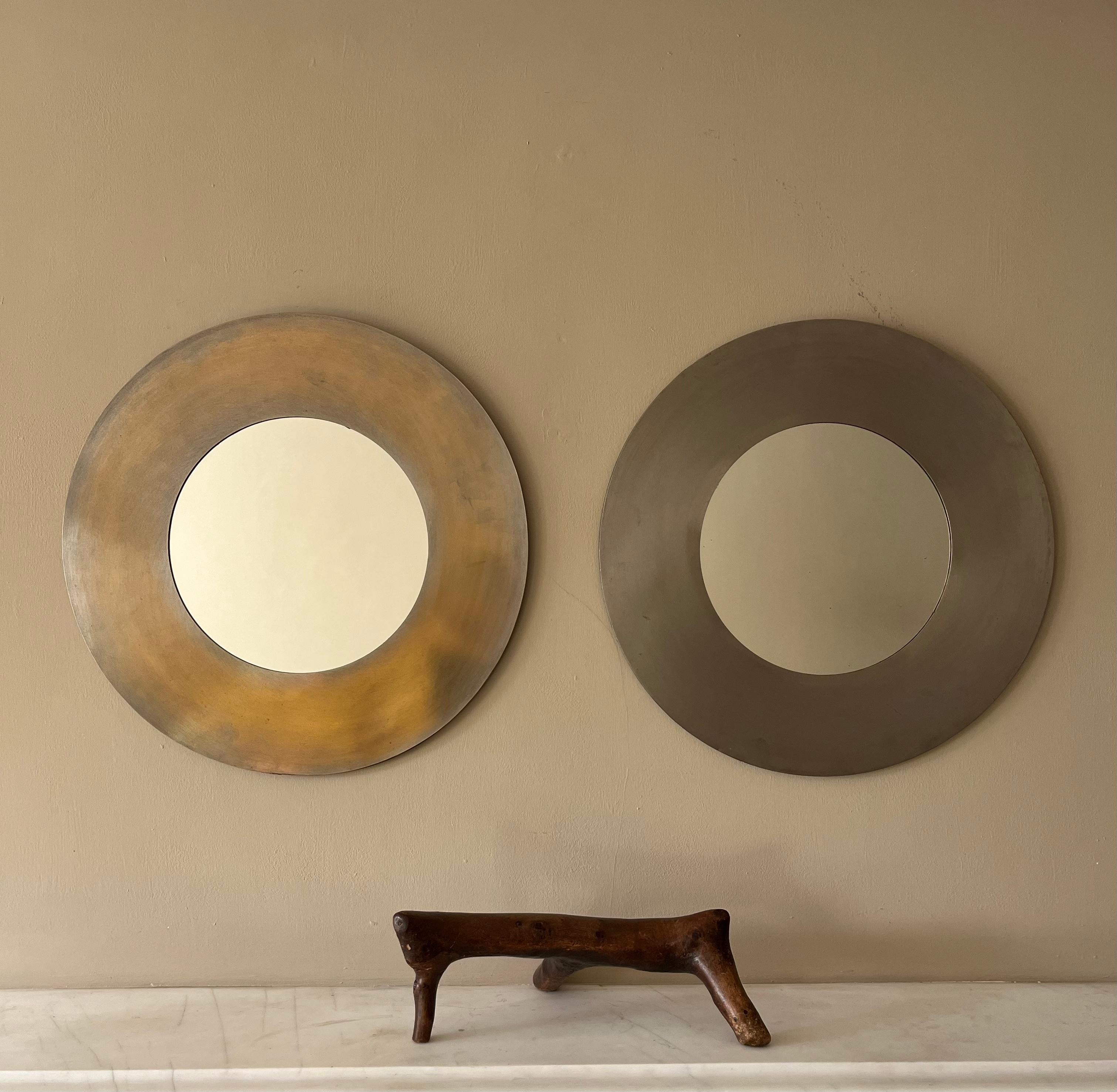 Pair of brutalist circular nickel on brass mirrors c.1970’s For Sale 1