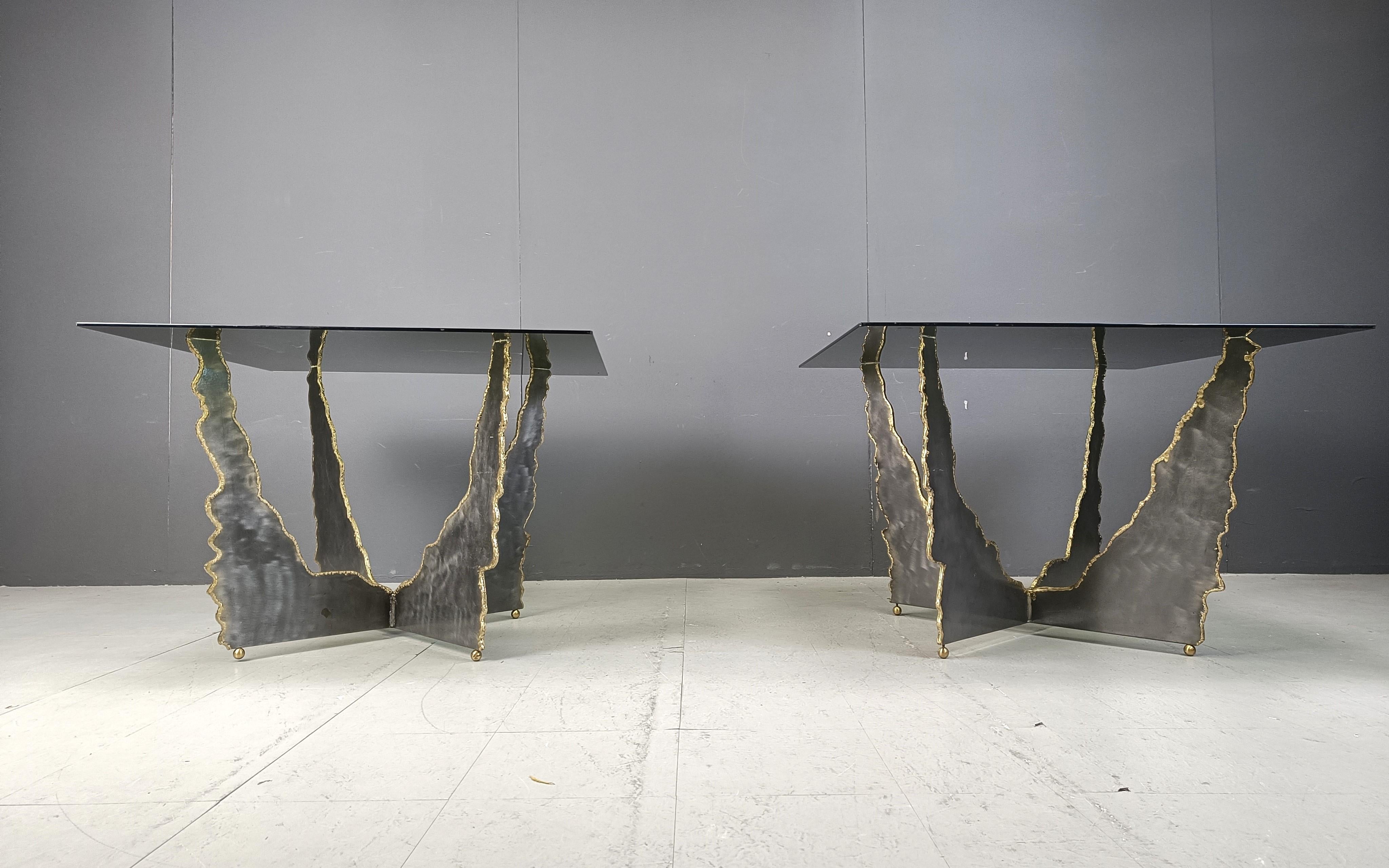Brass Pair of Brutalist coffee tables, 1970s For Sale