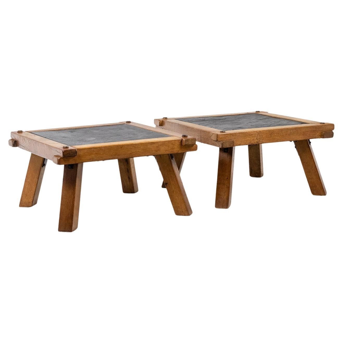 Pair of Brutalist coffee tables in oak and slate. Circa 1960. For Sale