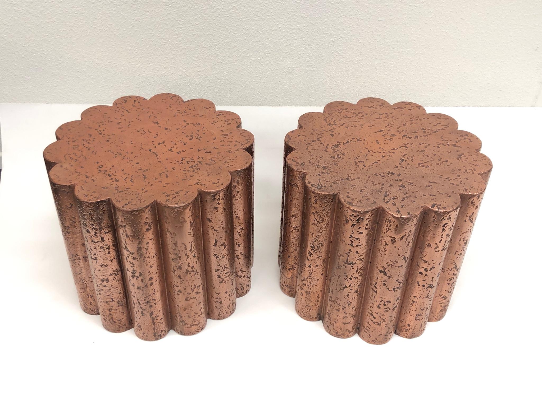 Modern Pair of Brutalist Copper Flower Shape Side Tables by Steve Chase