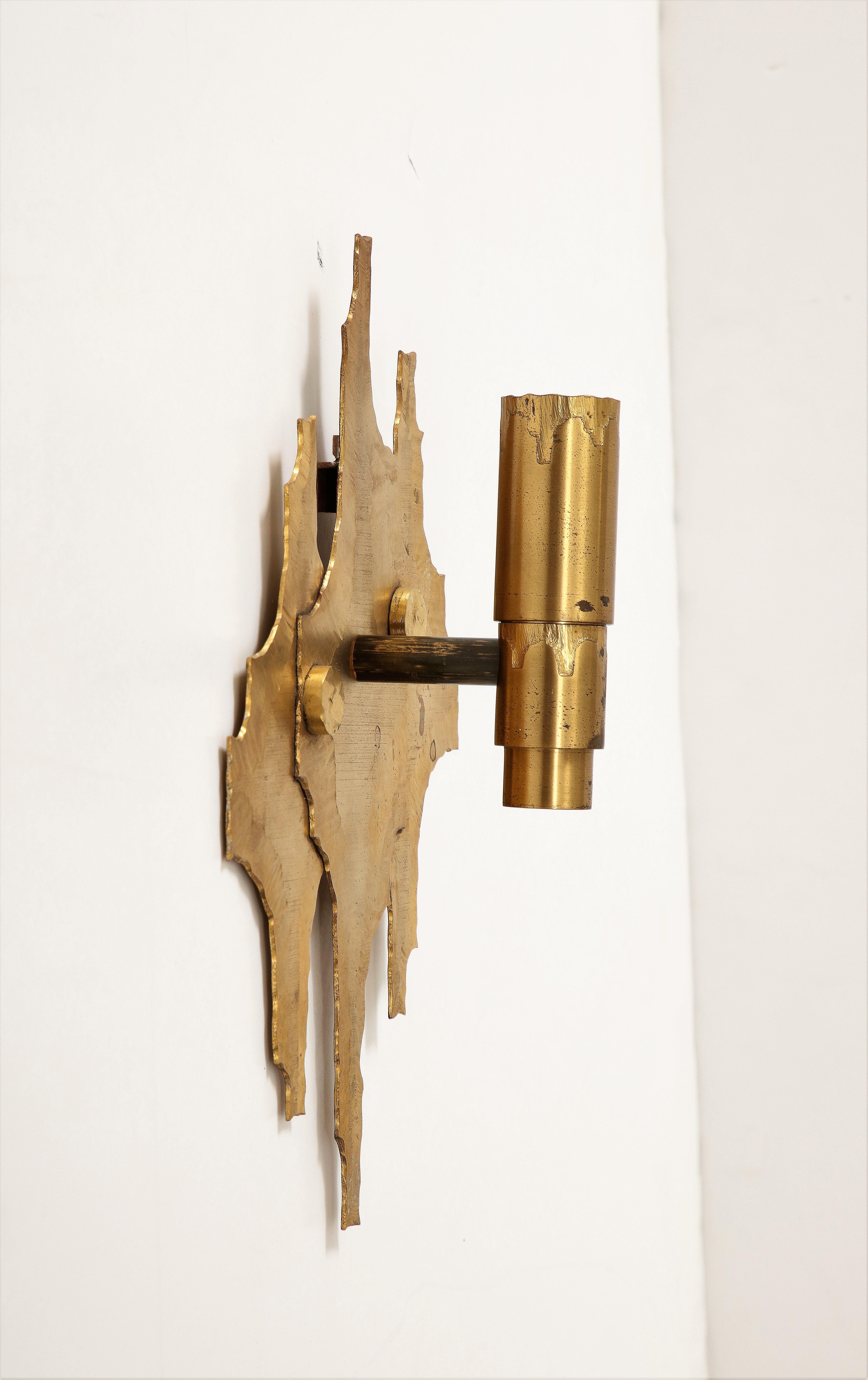 Pair of Brutalist Cut & Etched Brass Sconces - Germany 1970s For Sale 10
