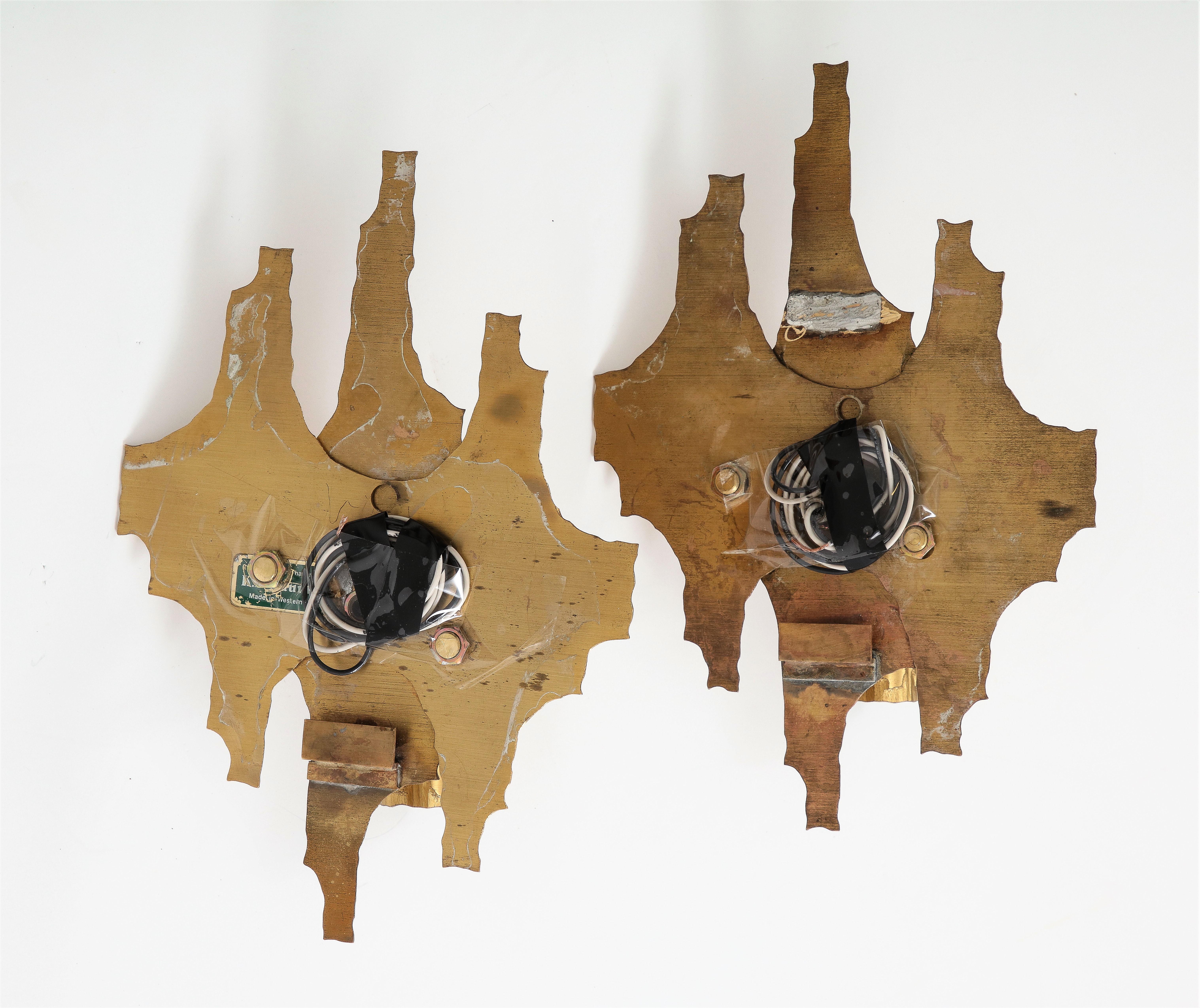 Pair of Brutalist Cut & Etched Brass Sconces - Germany 1970s For Sale 11