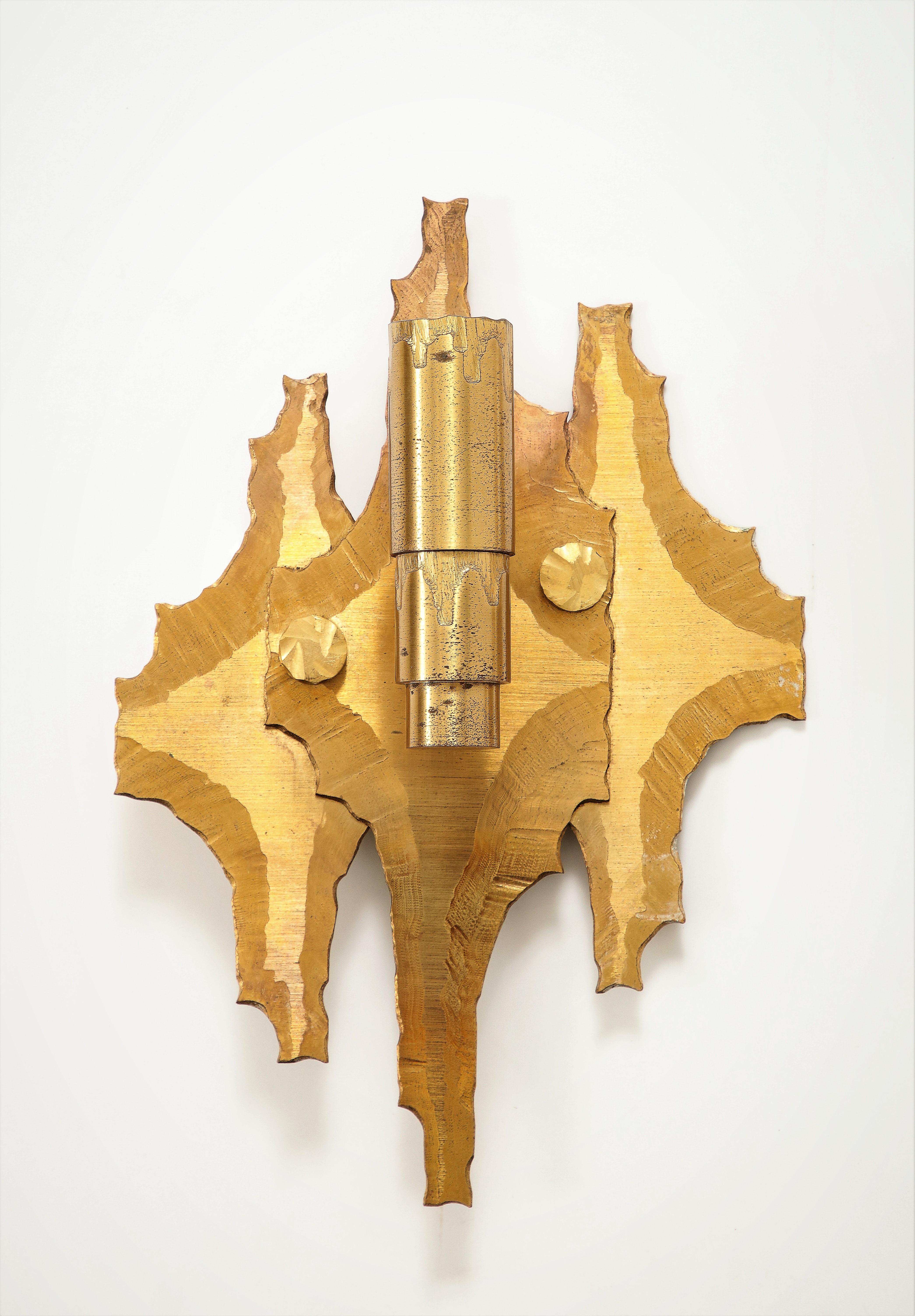 Pair of Brutalist Cut & Etched Brass Sconces - Germany 1970s In Good Condition For Sale In New York, NY