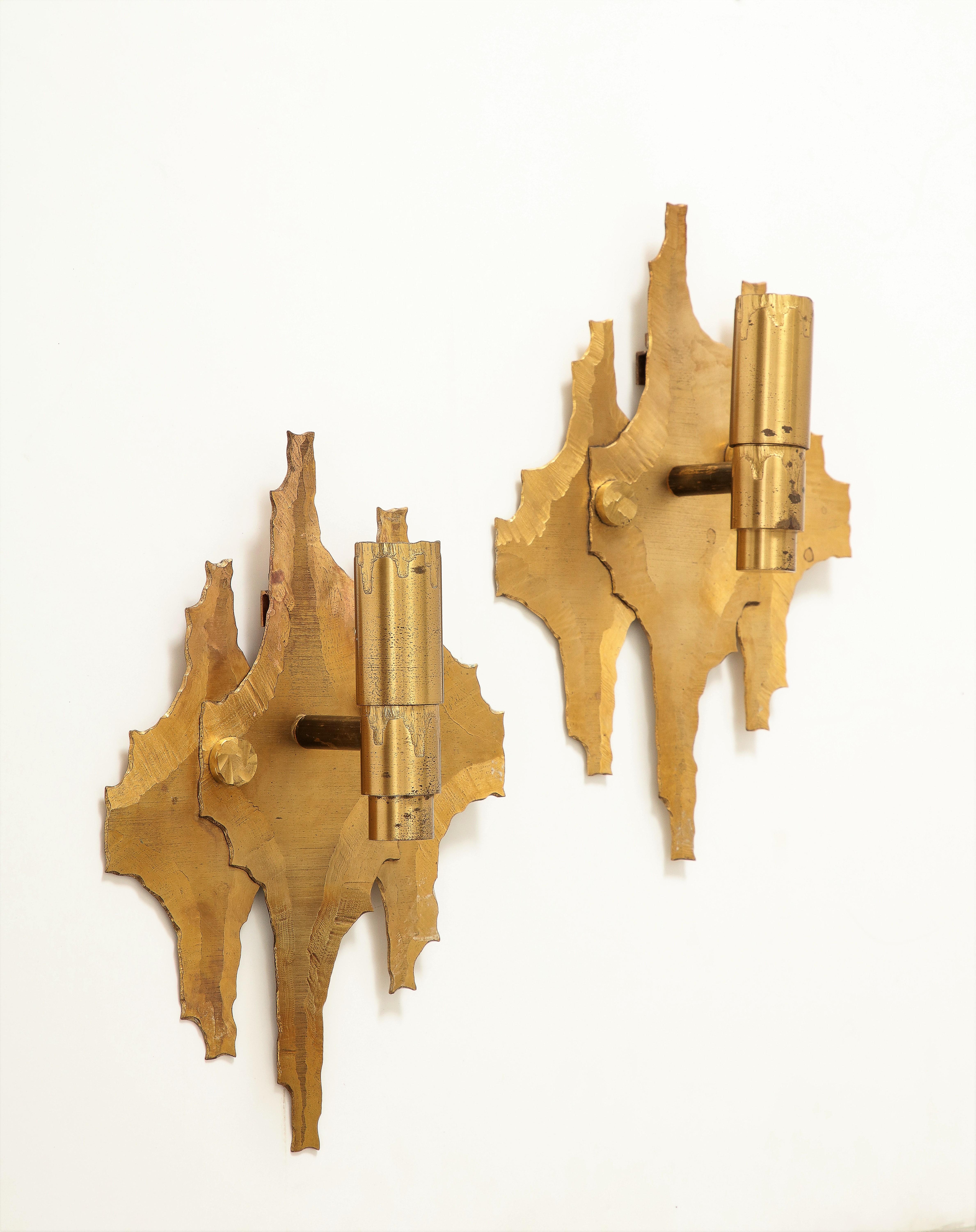 Pair of Brutalist Cut & Etched Brass Sconces - Germany 1970s For Sale 3