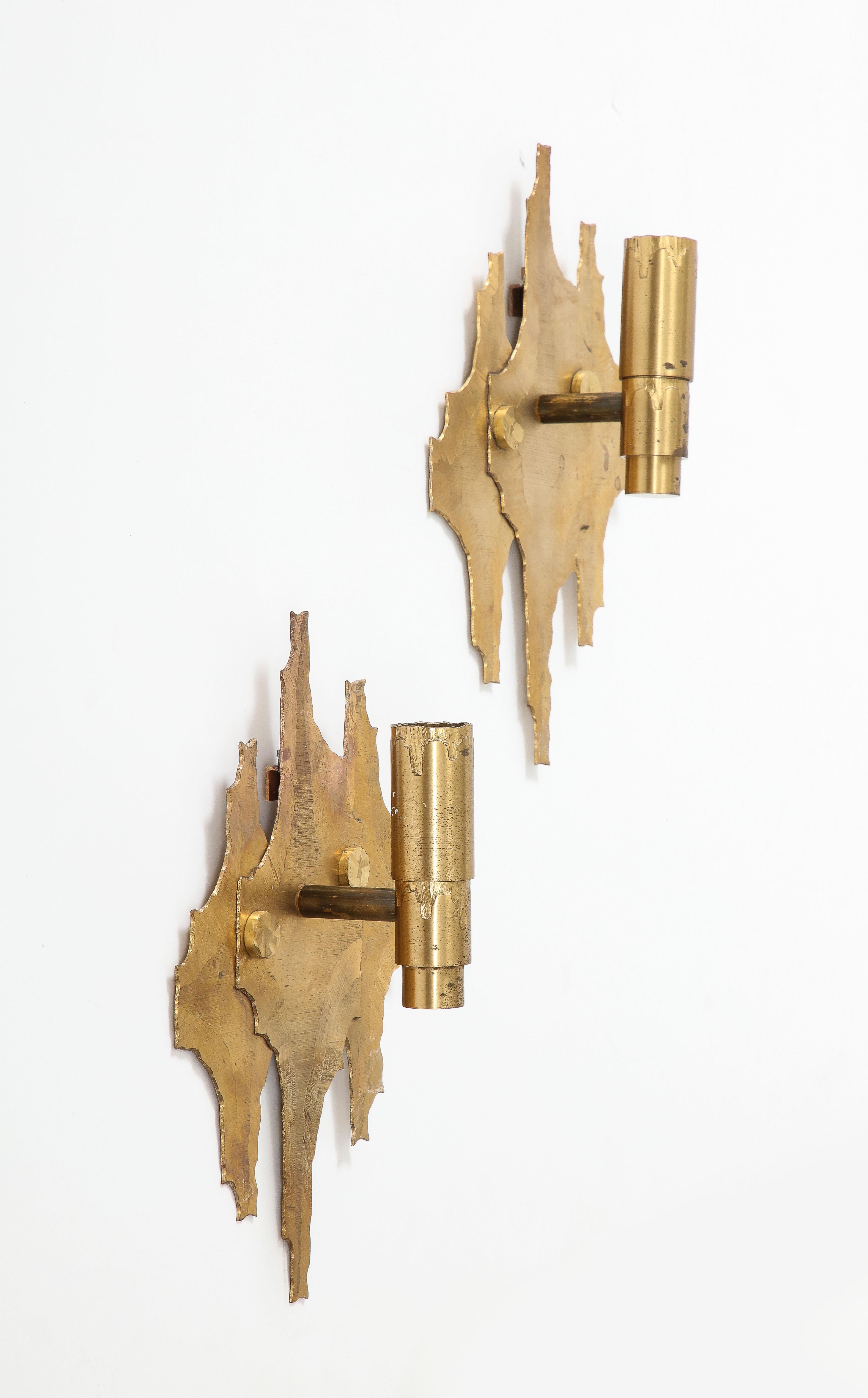 Pair of Brutalist Cut & Etched Brass Sconces - Germany 1970s For Sale 4