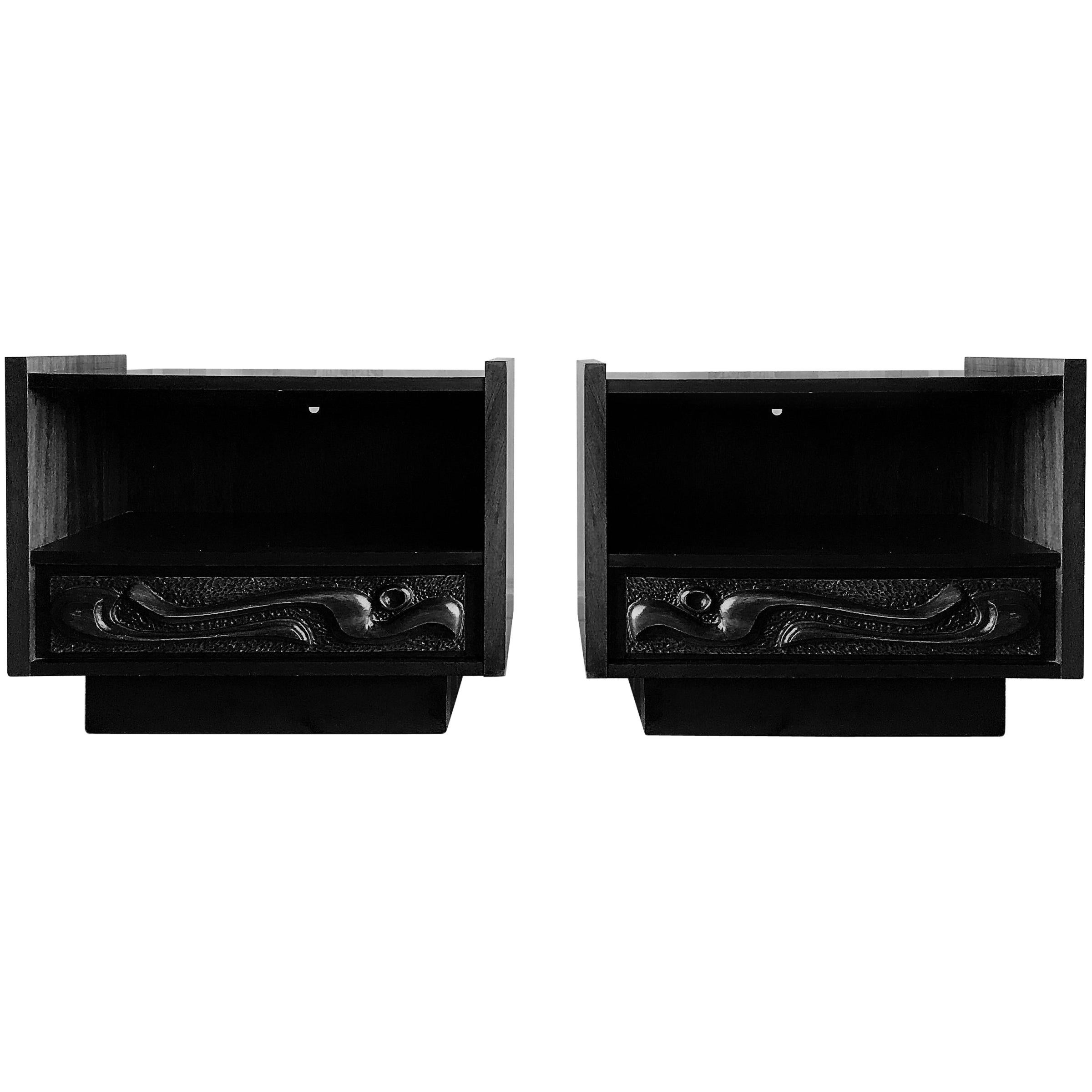 Pair of Brutalist Ebonized Nightstands by Pulaski or Witco