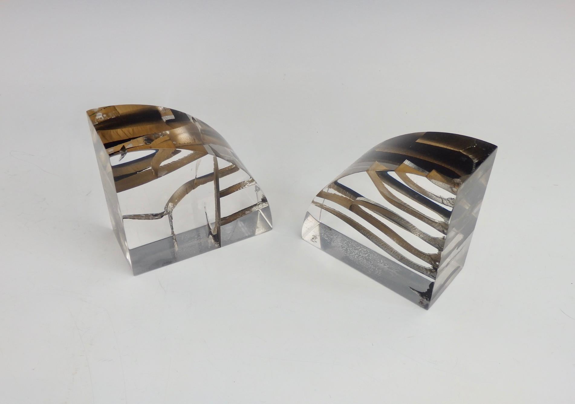 Pair of Brutalist Encased Steel Ribbon Lucite Bookends Attributed to Astrolite 3