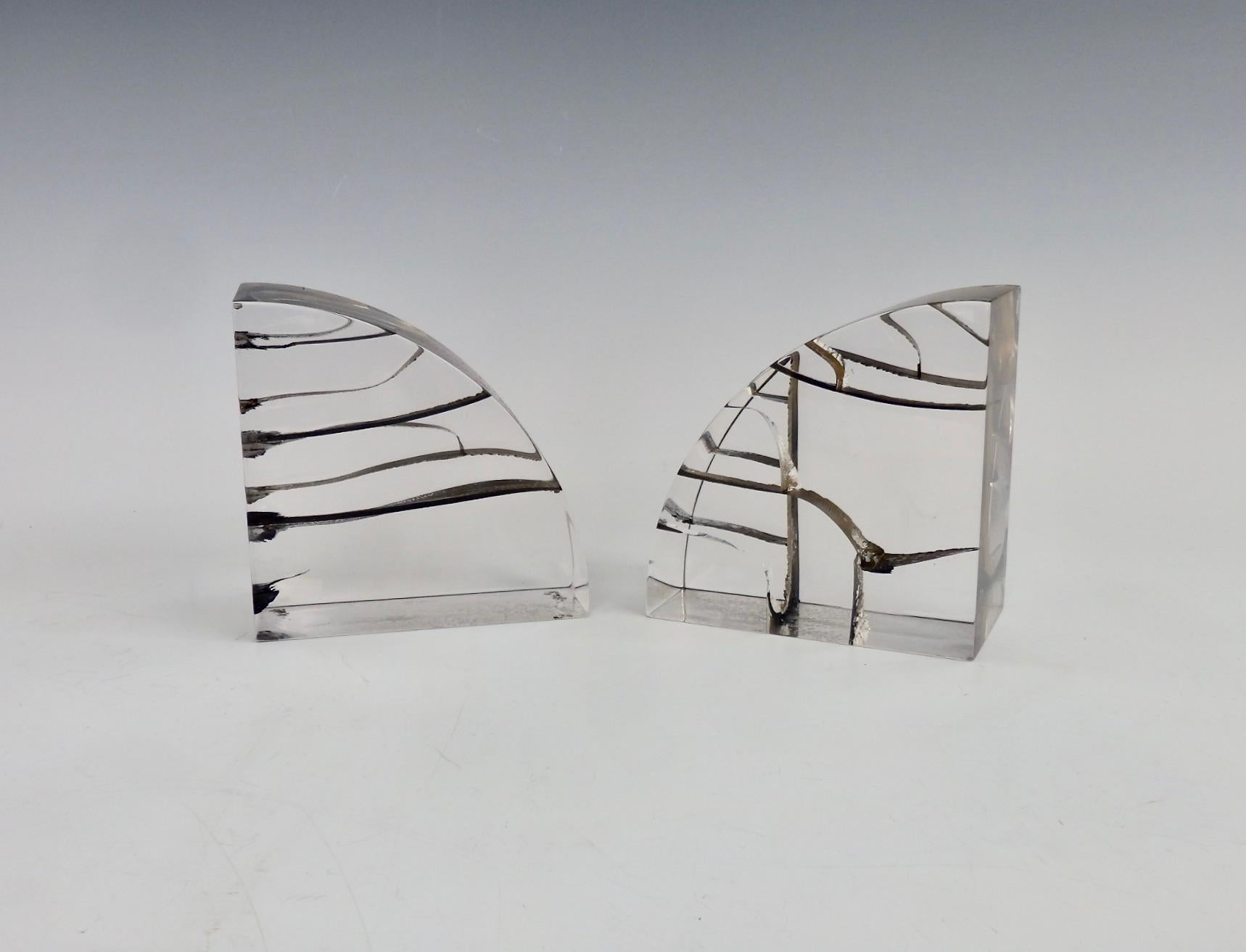 American Pair of Brutalist Encased Steel Ribbon Lucite Bookends Attributed to Astrolite
