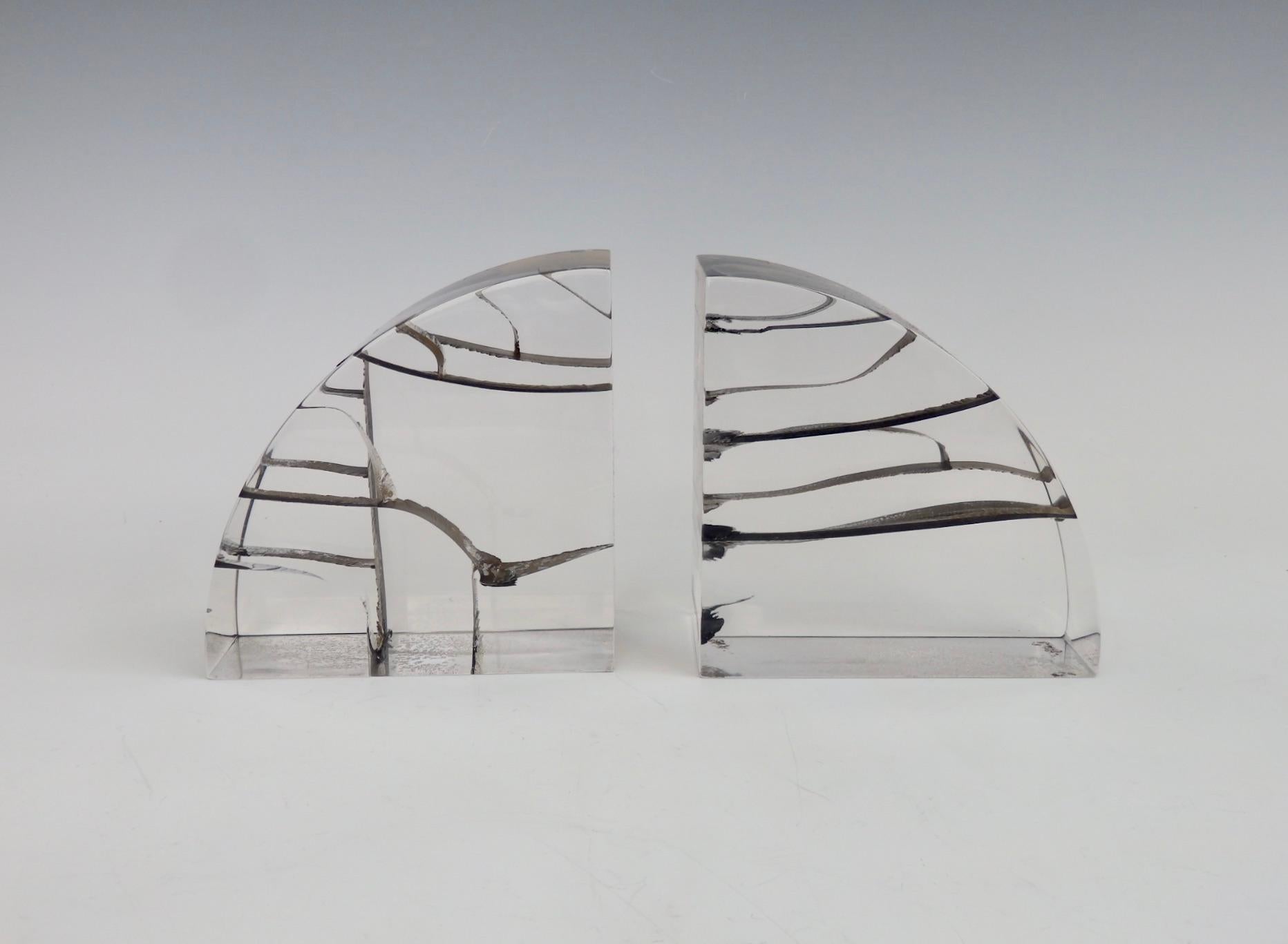 Pair of Brutalist Encased Steel Ribbon Lucite Bookends Attributed to Astrolite In Good Condition In Ferndale, MI