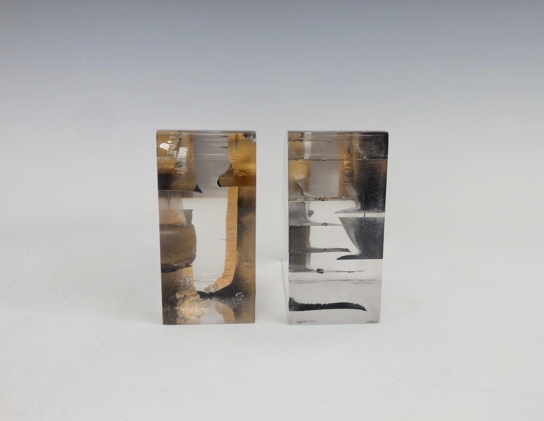 20th Century Pair of Brutalist Encased Steel Ribbon Lucite Bookends Attributed to Astrolite