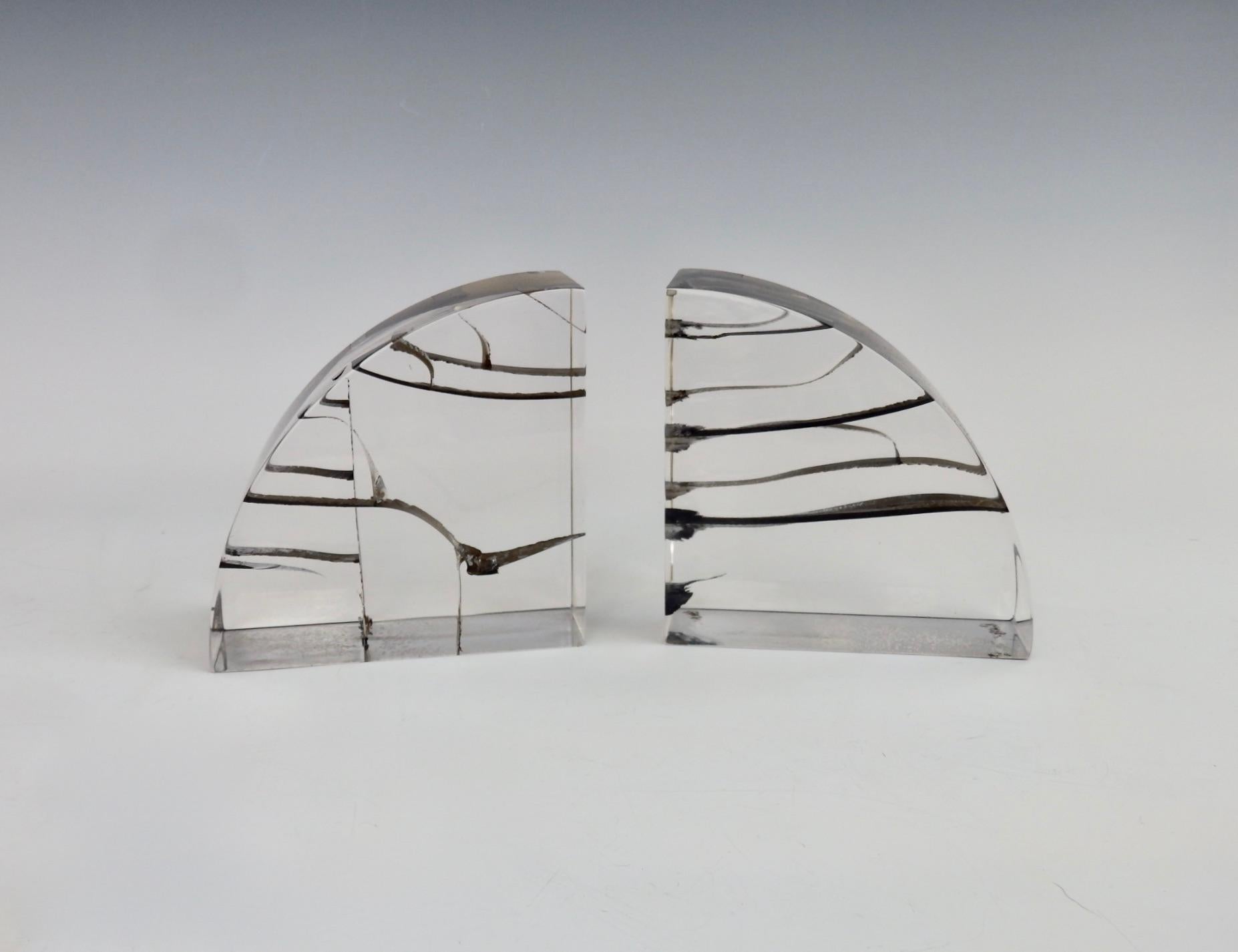 Cut Steel Pair of Brutalist Encased Steel Ribbon Lucite Bookends Attributed to Astrolite