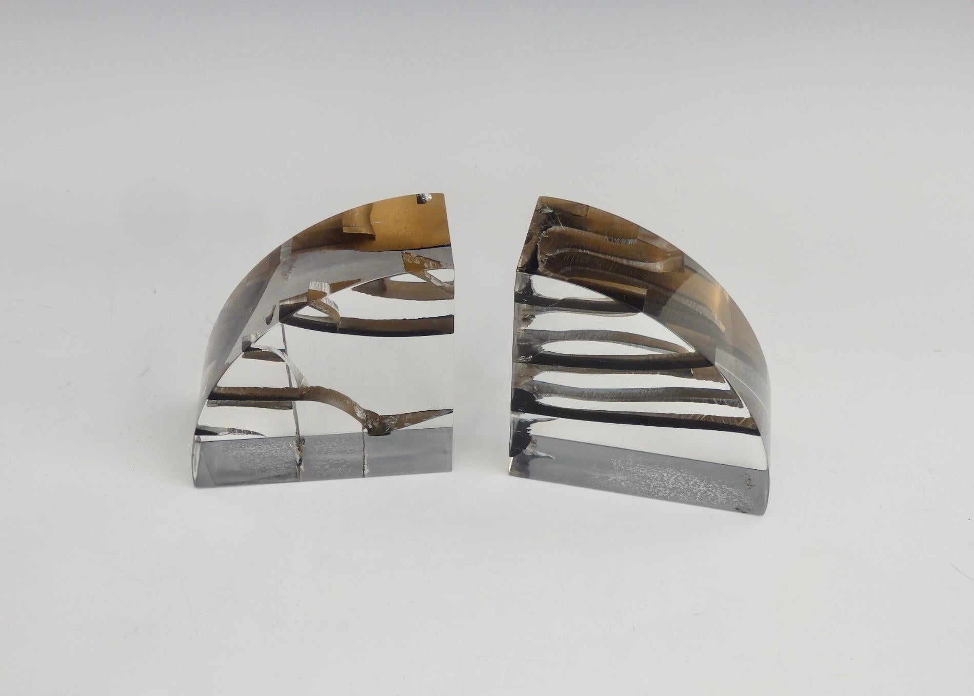 Pair of Brutalist Encased Steel Ribbon Lucite Bookends Attributed to Astrolite 1