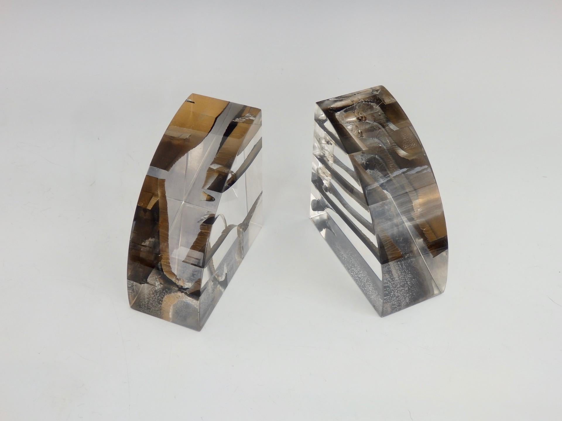 Pair of Brutalist Encased Steel Ribbon Lucite Bookends Attributed to Astrolite 2