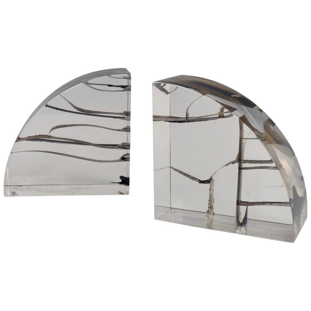 Pair of Brutalist Encased Steel Ribbon Lucite Bookends Attributed to Astrolite