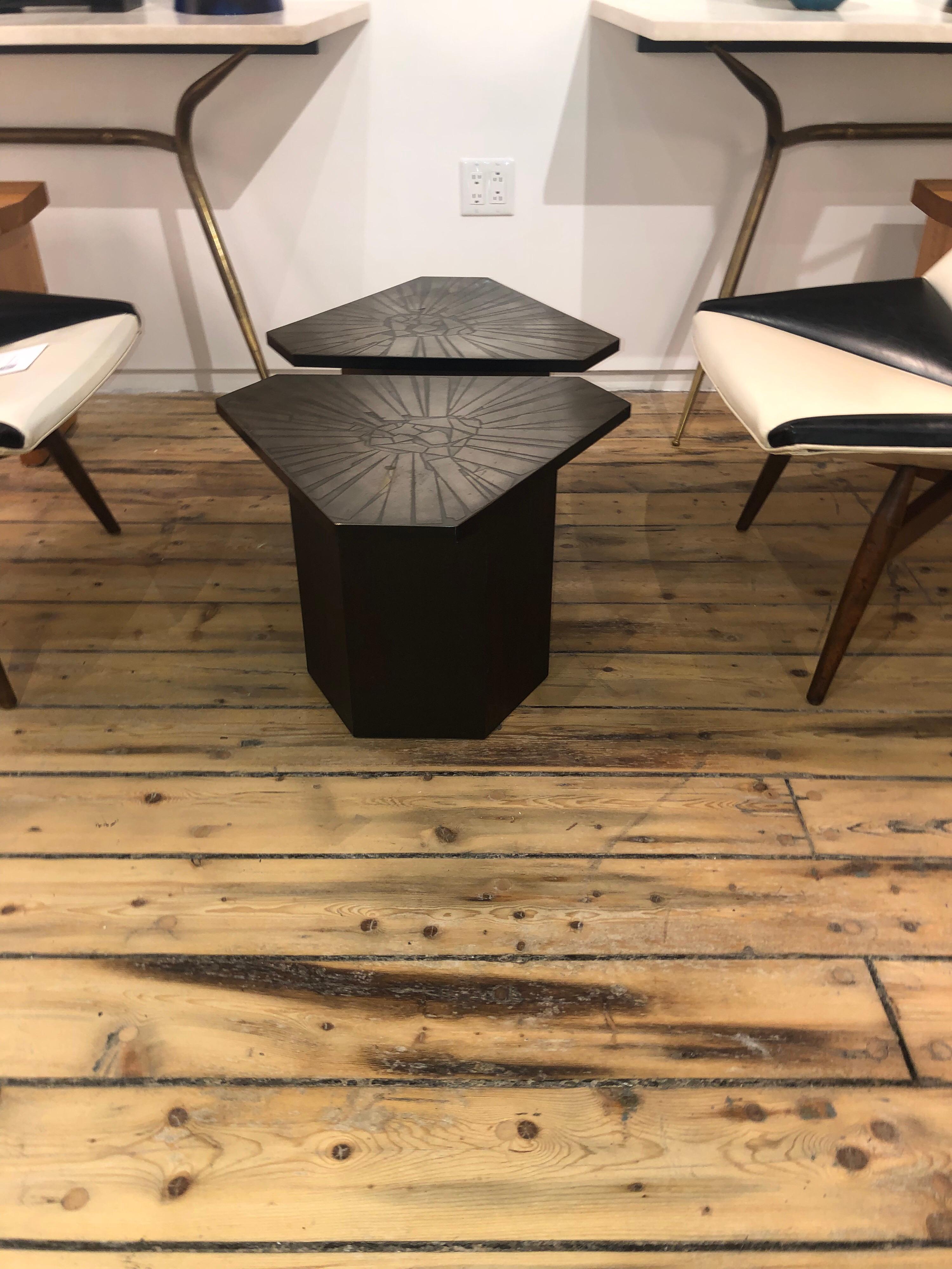 Etched Pair of Brutalist End Tables For Sale