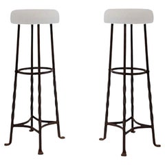 Pair of Brutalist Faux Sheepskin and iron bar stools, Holland 1960s