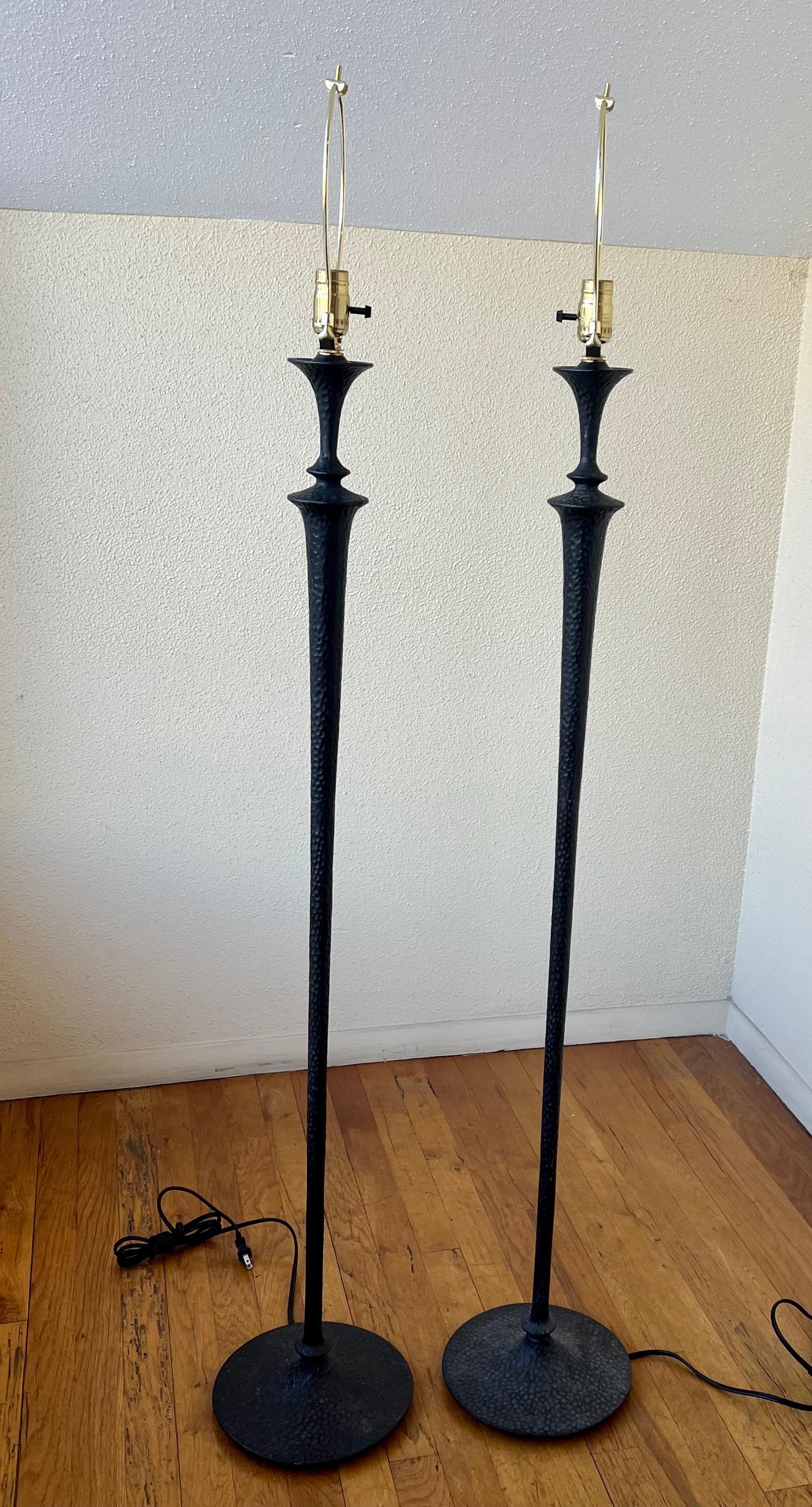 American Pair of Brutalist Floor Lamps in Hammered Bronze with a Verdigris Finish For Sale