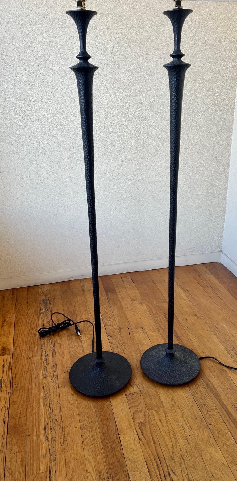 Pair of Brutalist Floor Lamps in Hammered Bronze with a Verdigris