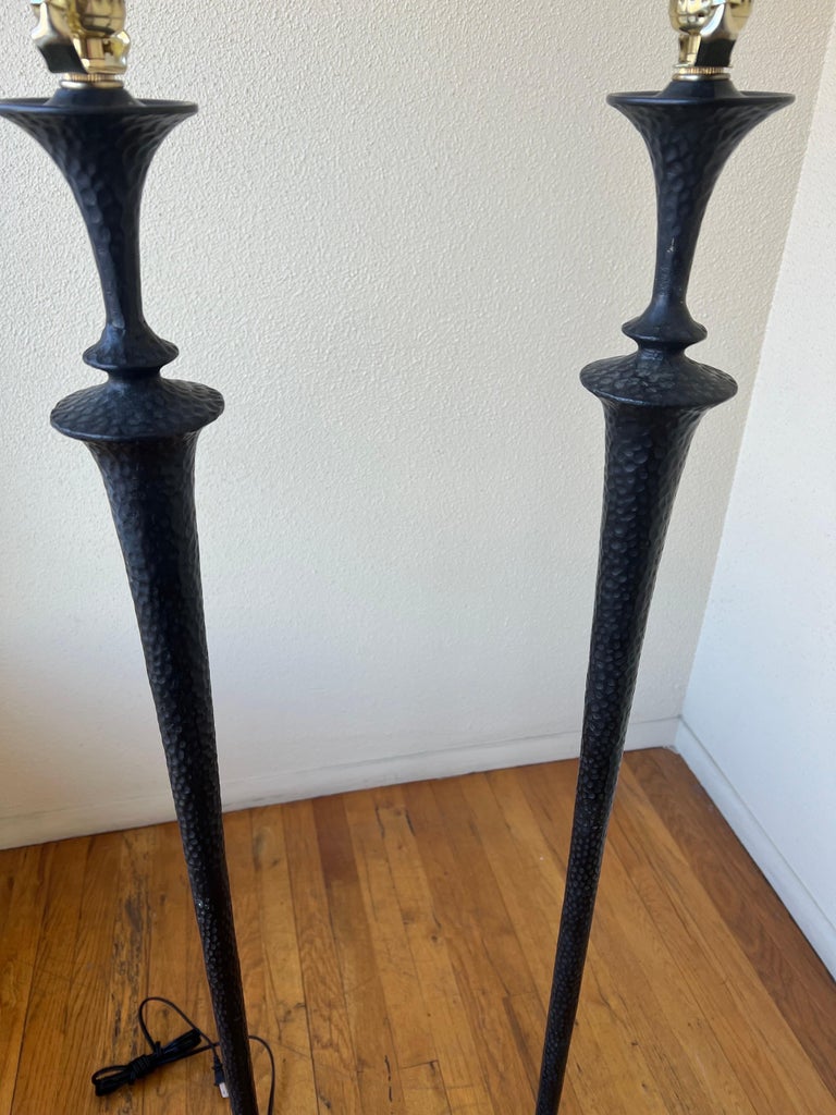 Pair of Brutalist Floor Lamps in Hammered Bronze with a Verdigris Finish For Sale at 1stDibs