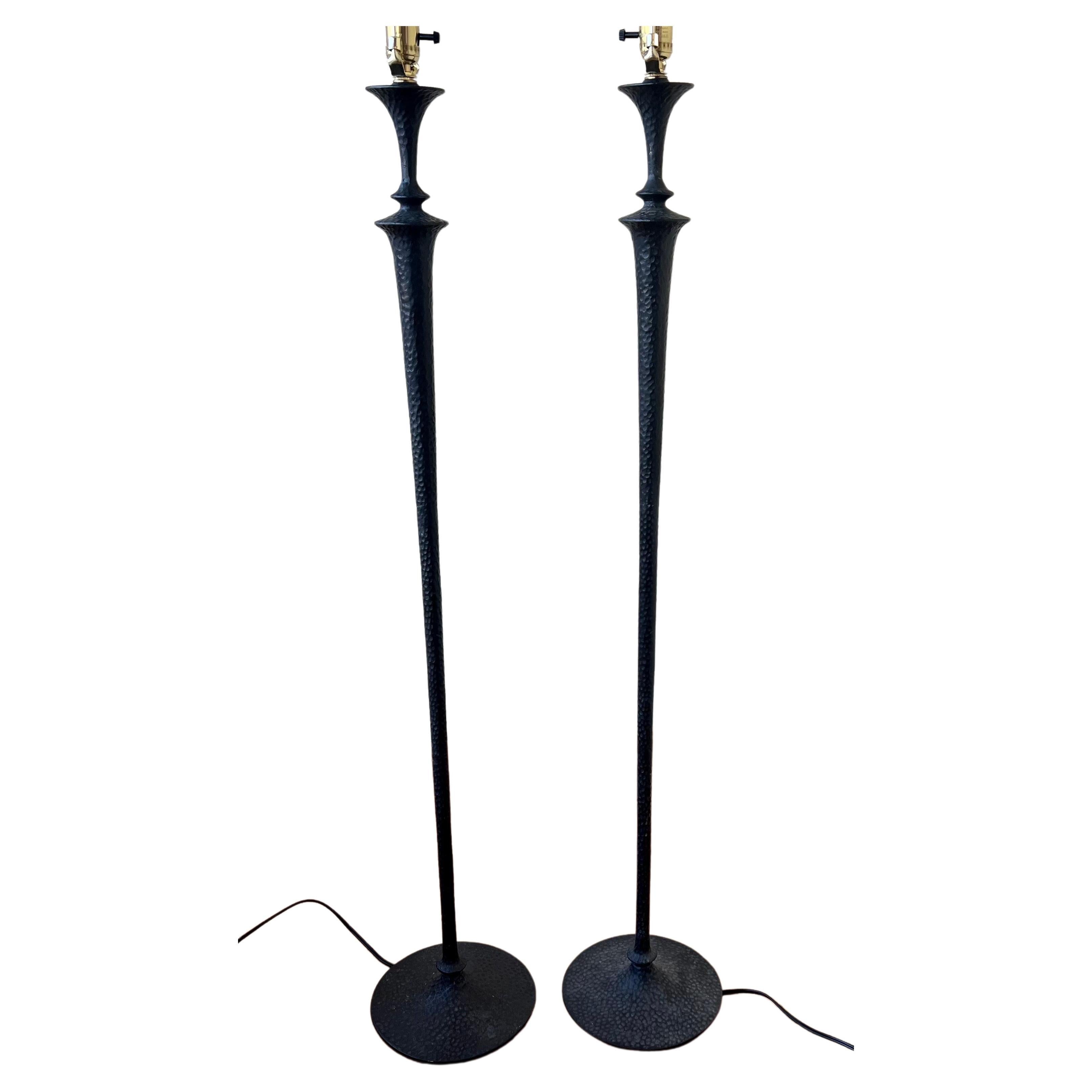 Pair of Brutalist Floor Lamps in Hammered Bronze with a Verdigris Finish For Sale