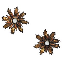 Pair of Brutalist Flower Sunburst Light Fixtures in Gilt Metal, Spain 1950