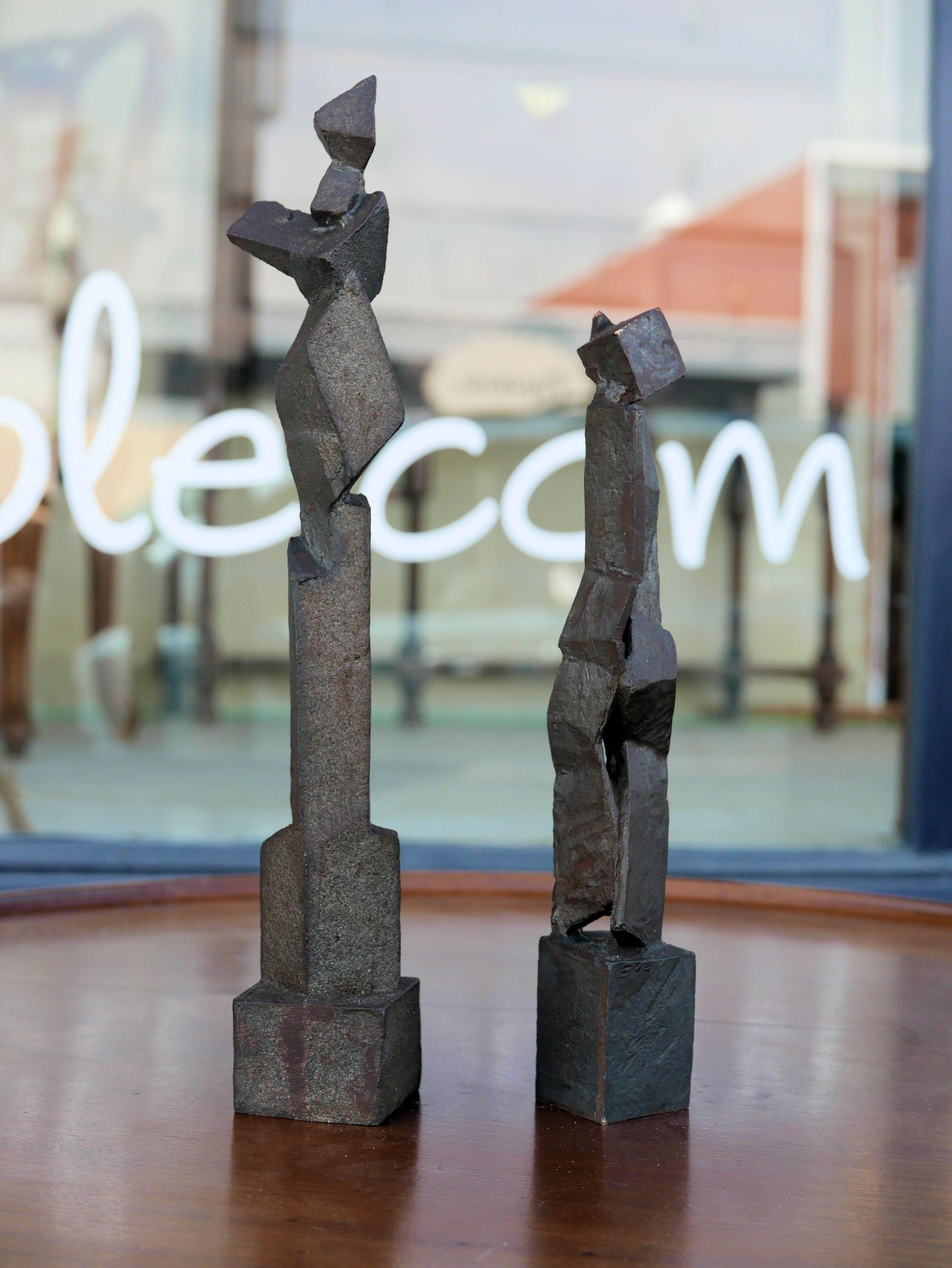 American Pair of Brutalist Forged Iron Figural Abstract Sculptures